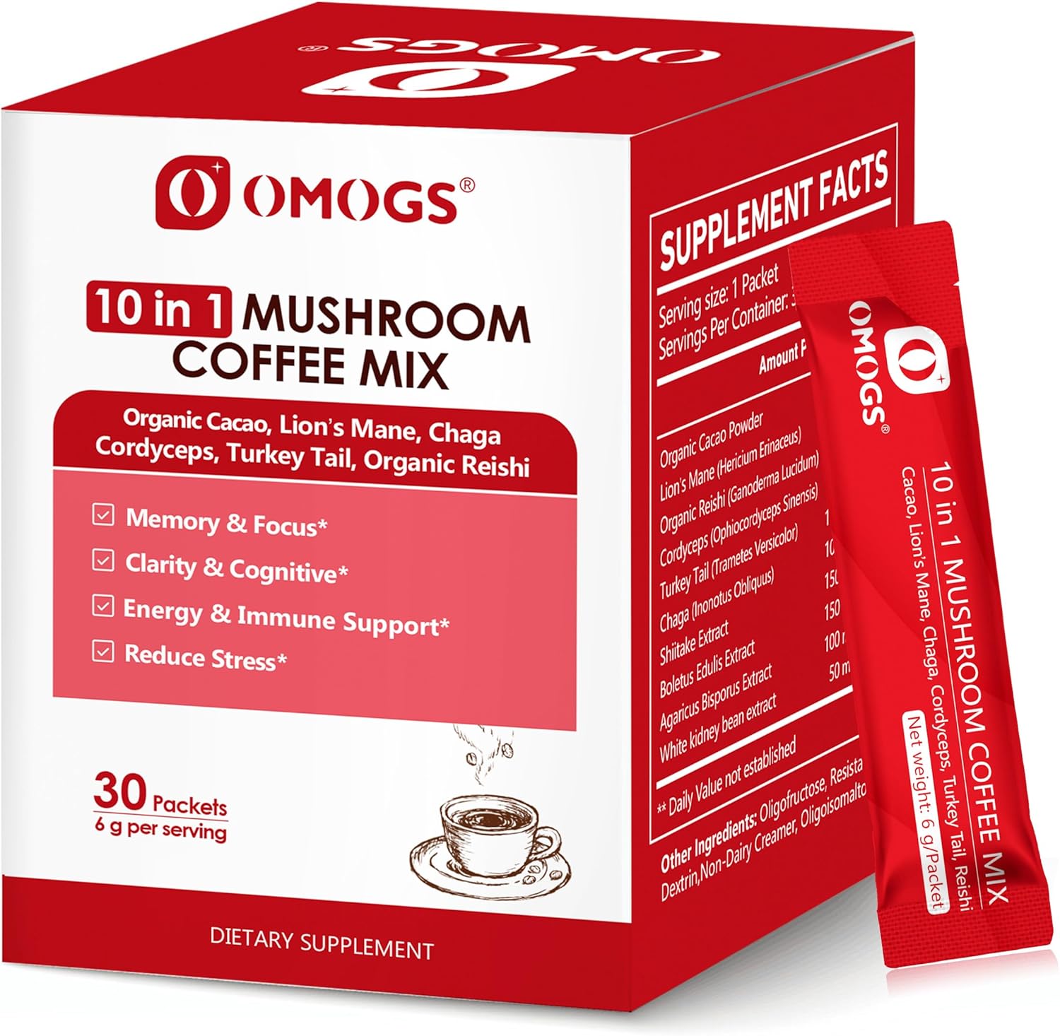OMOGS Mushroom Coffee, 10 in 1 Extract Powder Blend Lion's Mane, Reishi, Cordyceps, Chaga, Turkey Tail, Instant Coffee-for Energy, Focus, Memory, Digestion & Immunity, 30 Serving
