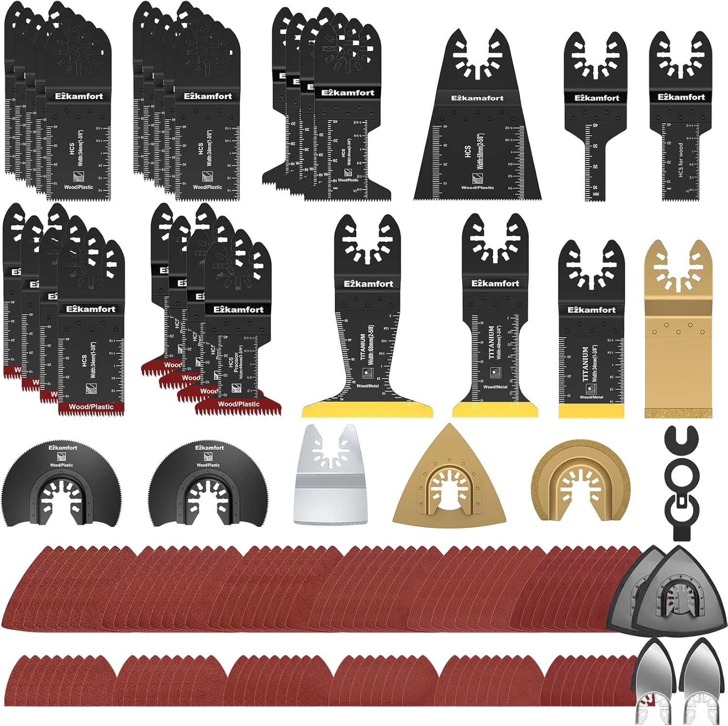Ezkamfort 138Pcs Multi Tool Blade, Titanium Multitool Blade Kits for Wood Nails, Drywall, Japanese Tooth with Storage Bag, Universal Oscillating Saw Blades Compatible with Ryobi Makita Milwaukee