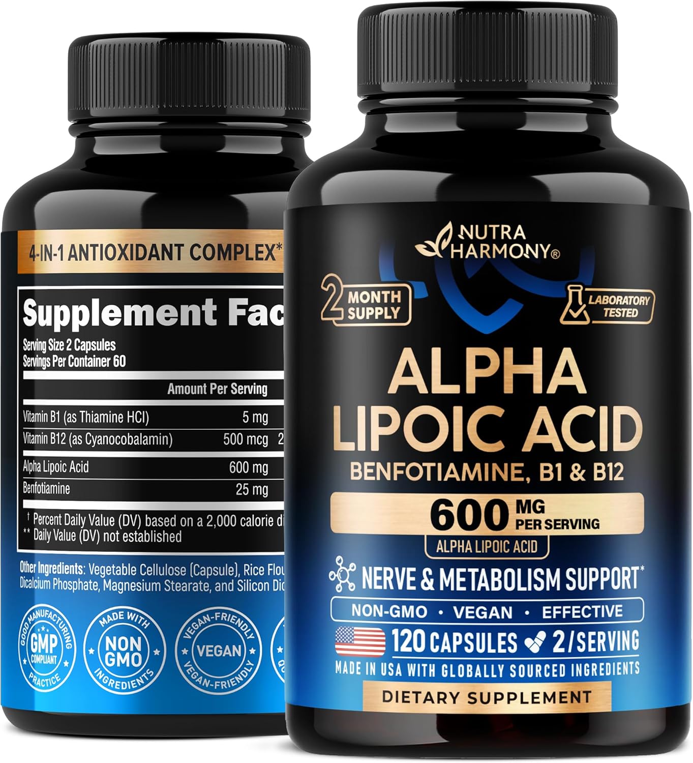 Alpha Lipoic Acid 600mg - ALA Supplement Antioxidant for Nerve, Energy & Metabolism Support - Extra Strength with Benfotiamine, B1 & B12 - Lab Tested, Non-GMO & Vegan - 120 Capsules, 2 Month Supply