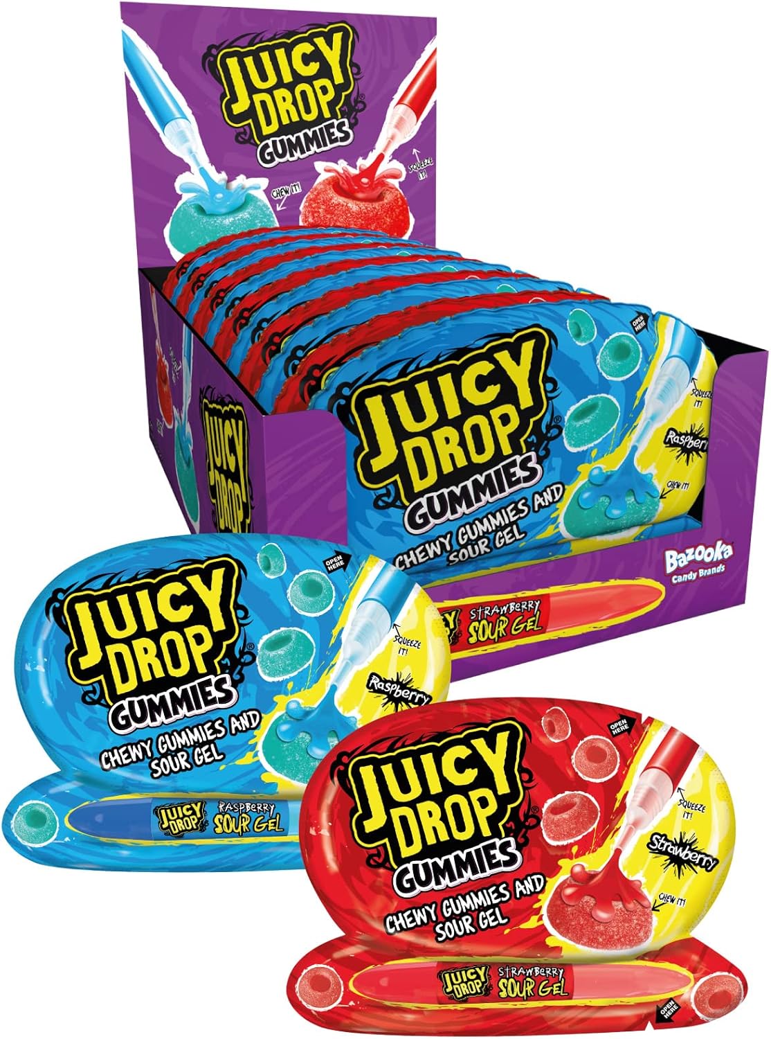 Bazooka Candy Brands Juicy Drop Gummies, Sour Sweets in Bulk, Strawberry & Raspberry, 57 g, Pack of 12