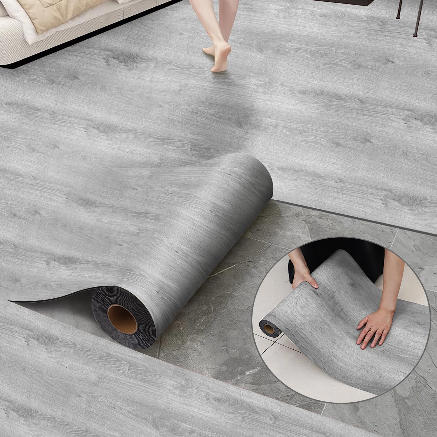 Luxury Thicken Wood Grain Peel and Stick Floor Tiles Self-Adhesive Vinyl Flooring Roll-DIY Easy for Wall and Floor,Hard Surface/Waterproof/Anti Slip (Light Gray Vinyl Flooring, 17.72 "W x 118" L)