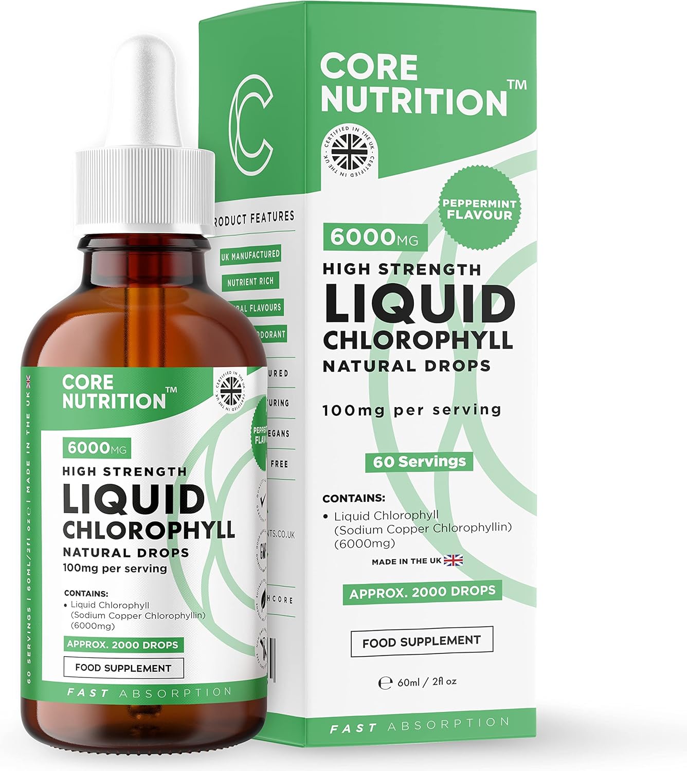Liquid Chlorophyll Drops for Water - High Strength of 6000mg per 60ml Bottle at 4X Concentration - 2 Month Supply of Chlorophyll Liquid Drink - Made in UK by Core Nutrition