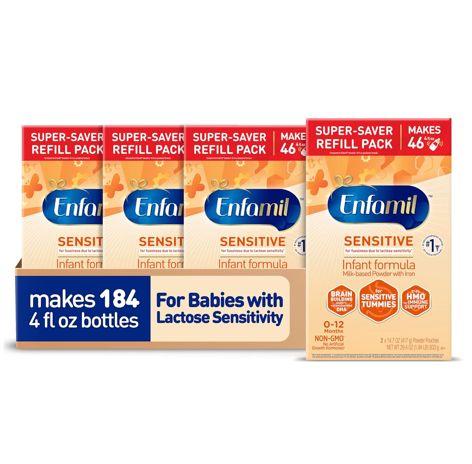 Enfamil NeuroPro Sensitive Baby Formula, Brain and Immune Support with DHA, Iron & Prebiotics, Lactose Sensitivity Infant Formula Inspired by Breast Milk, Non-GMO, Powder Refill Box