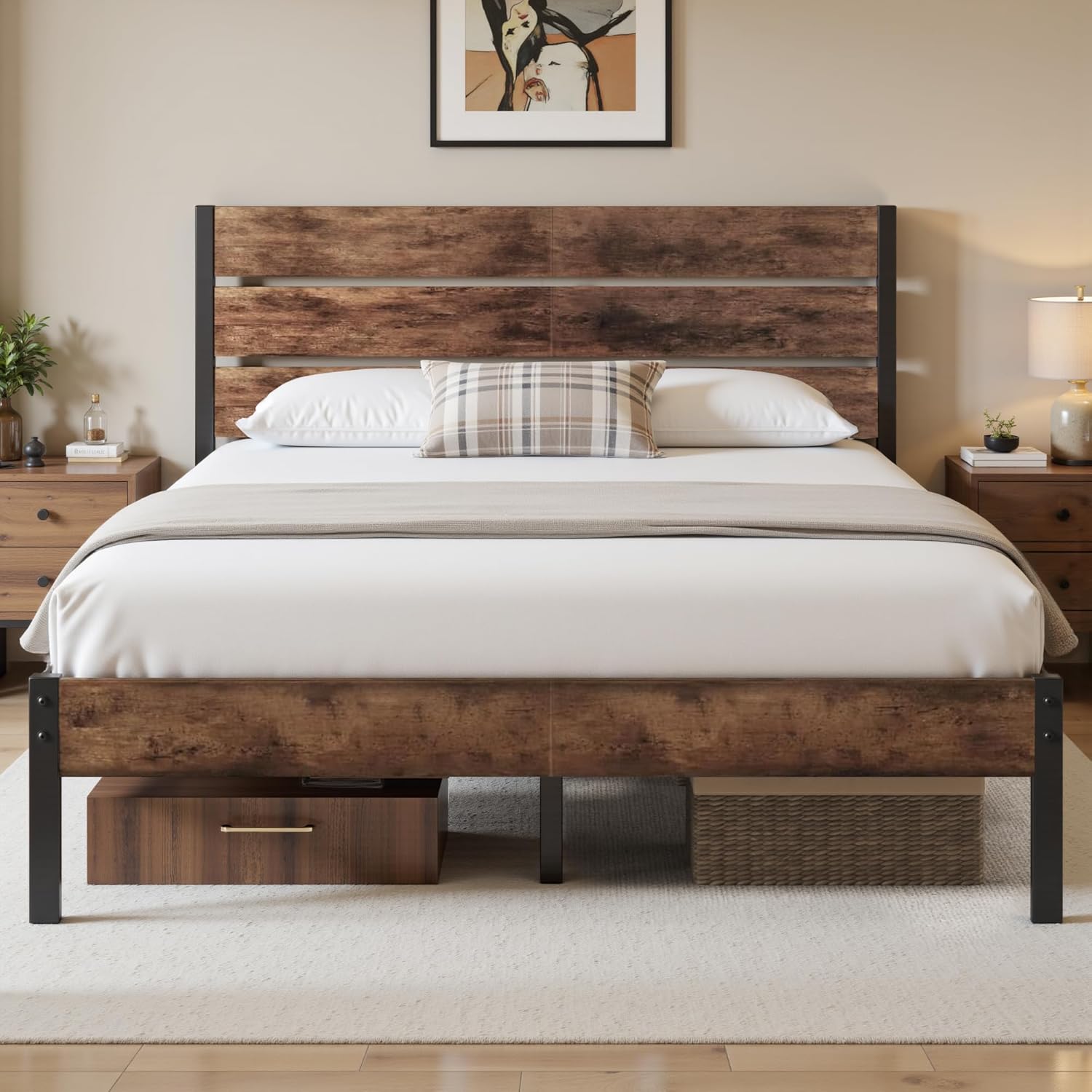 Lifezone Queen Bed Frame with Headboard and Footboard, Metal Queen Bed Frame with Under-Bed Storage, All-Metal Support System, No Box Spring Needed, Easily Assemble, Rustic Brown