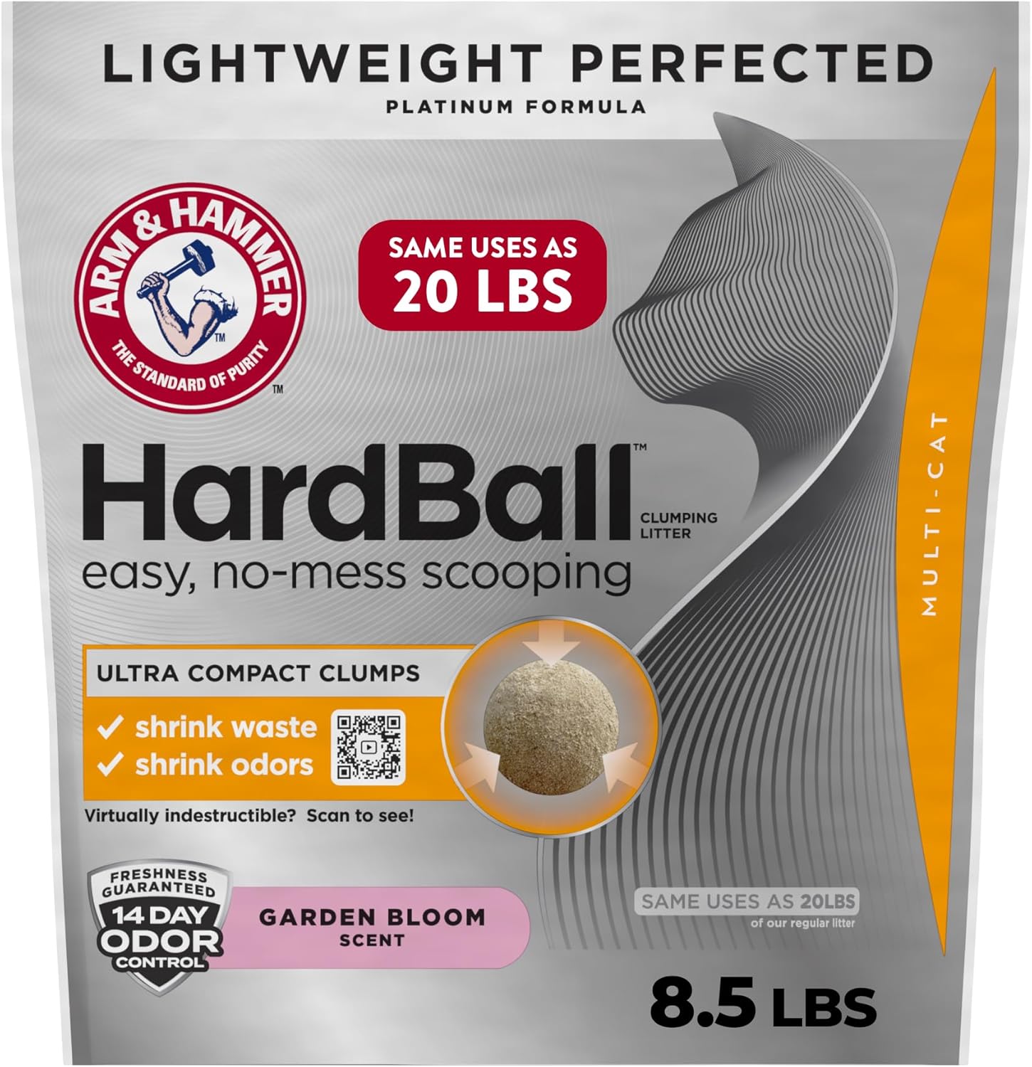 Arm & Hammer Hardball Lightweight Platinum Multi-Cat Easy, No-Mess Scooping, Clumping Cat Litter, 8.5LB Bag, Garden Bloom Scent