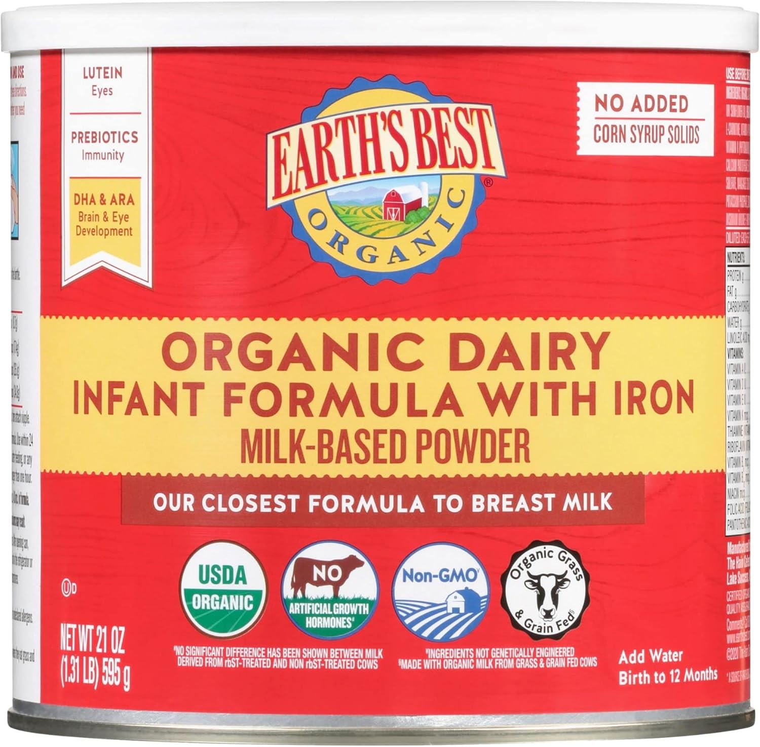 Earth's Best Organic Baby Formula for Babies 0-12 Months, Powdered Dairy Infant Formula with Iron, Omega-3 DHA, and Omega-6 ARA, 21 oz Formula Container