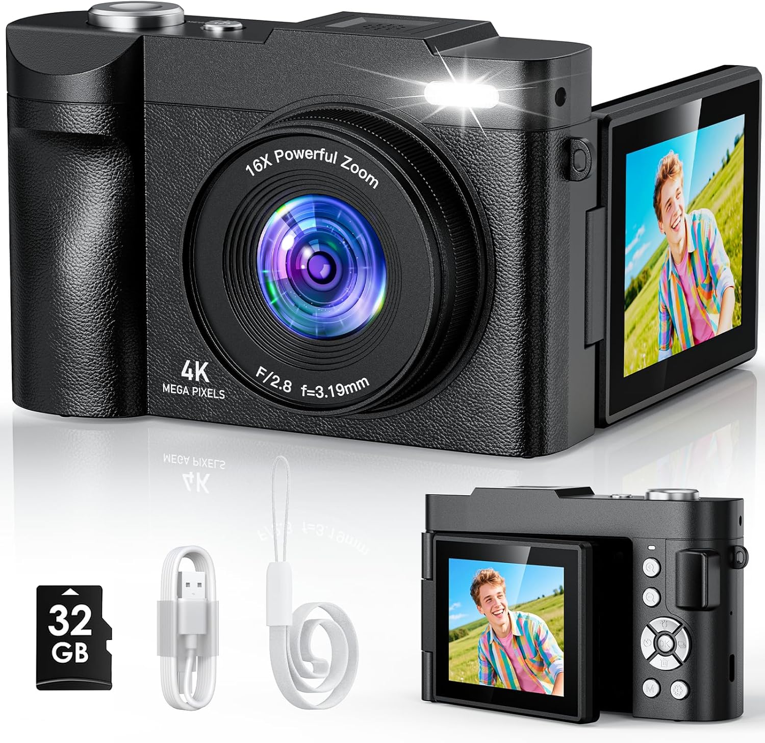 Digital Camera,UHD Autofocus Vlogging Camera with 16X Digital Zoom,2.8 Inch 180° Flip Screen Photo Camera with 32GB SD Card for Teenagers, Beginners,Adults
