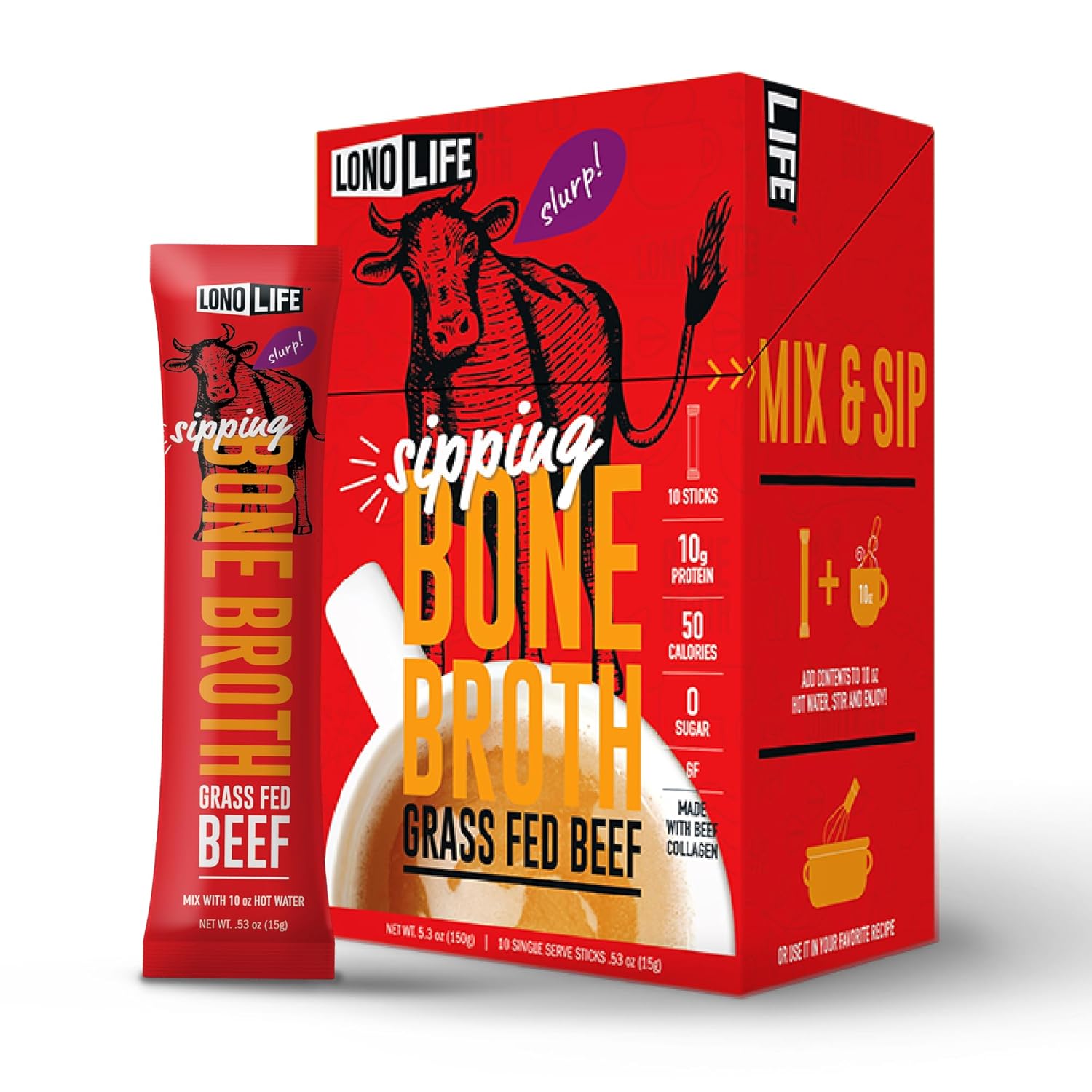 LonoLife Beef Bone Broth Powder Mix | Grass-Fed, 10g Protein | Collagen-Rich, Keto & Paleo Friendly | Natural Ingredients | 10 Portable Stick Pack Servings