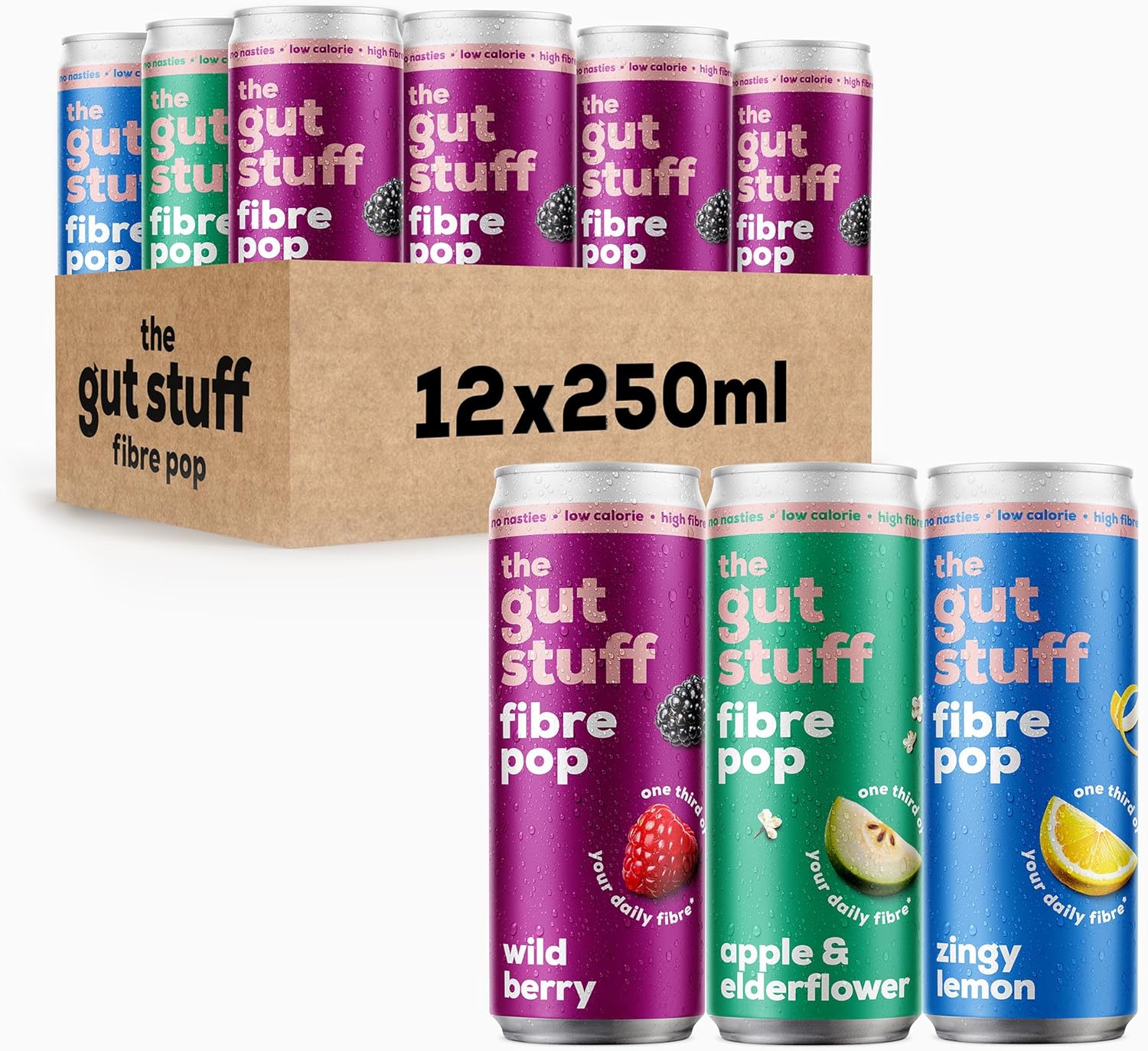 The Gut Stuff - High Fibre Fizzy Pop - Mixed Flavours - Gut Friendly Prebiotic Soda, Low Calorie, No Nasties or Sweeteners - High Fibre Drinks - 12x250ml box