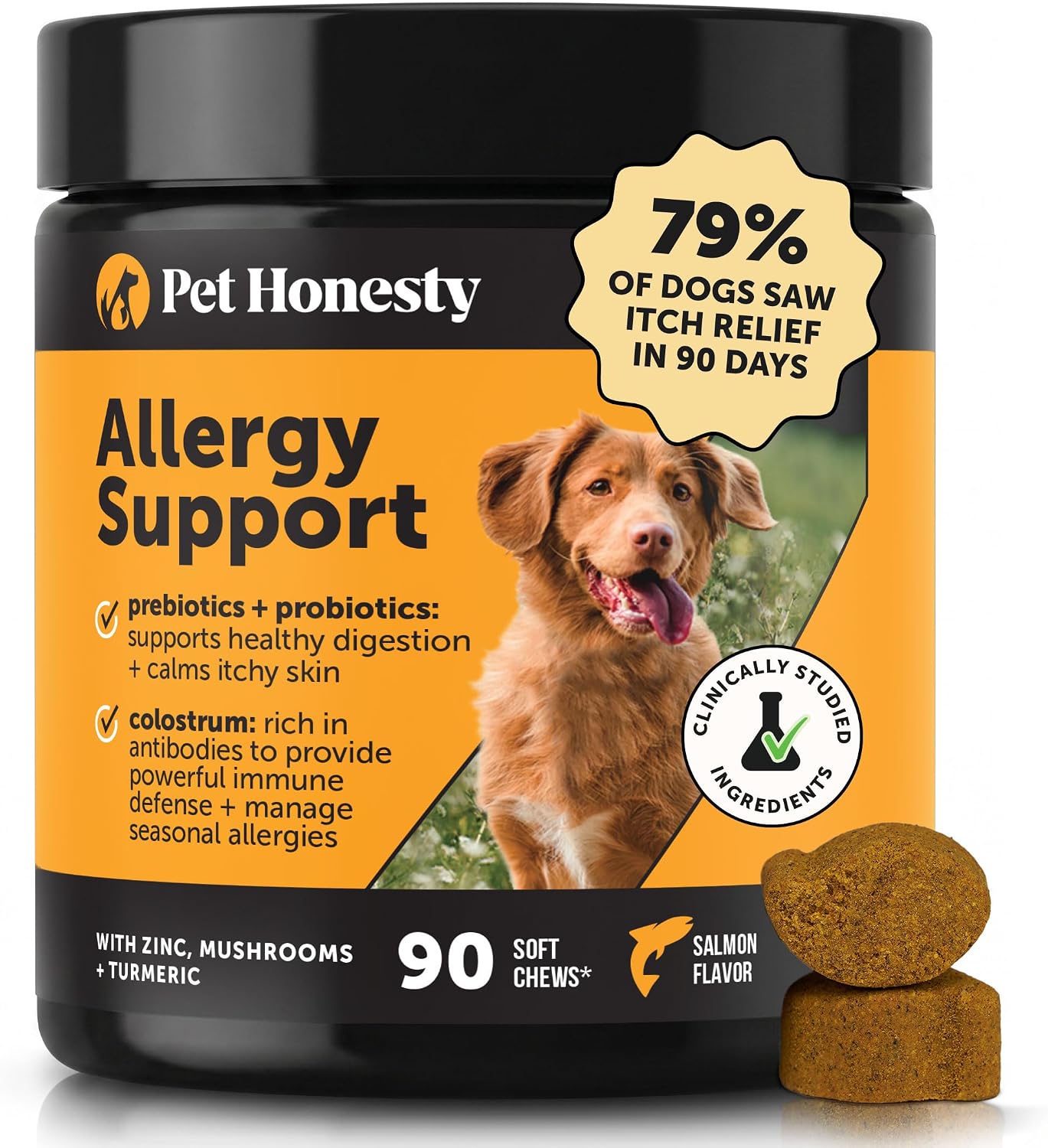 Dog Allergy Relief Immunity Chews - Paw Licking, Itching & Seasonal Allergies - with Colostrum, Probiotics, Turmeric & Salmon Oil - Vet Recommended Anti-Itch Supplement for Dogs (Salmon, 90 Ct)