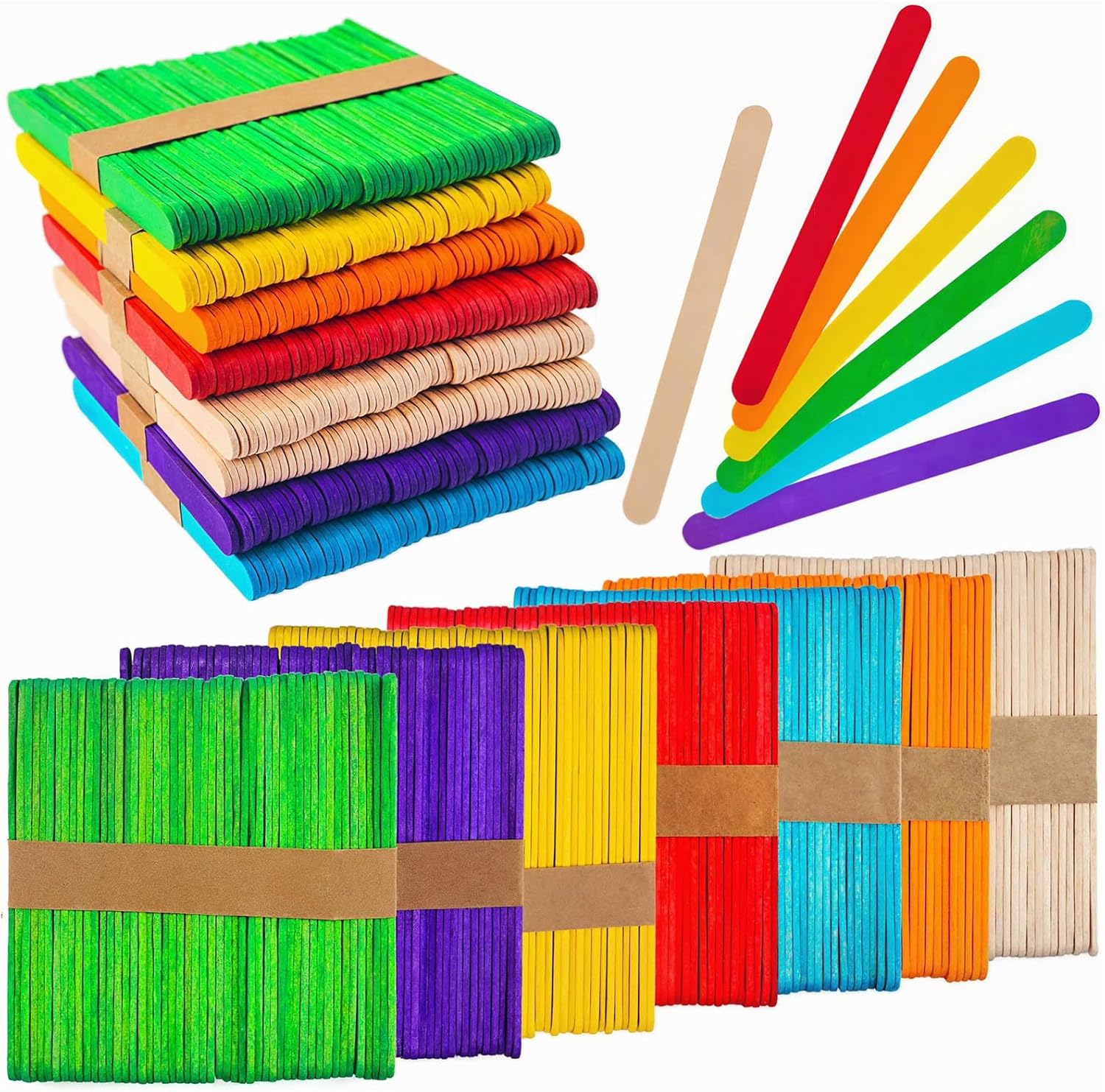 VGOODALL 400PCS Coloured Lollipop Sticks, 7 Bright Colour Natural Jumbo Lolly Sticks for DIY Craft Classrooms Project