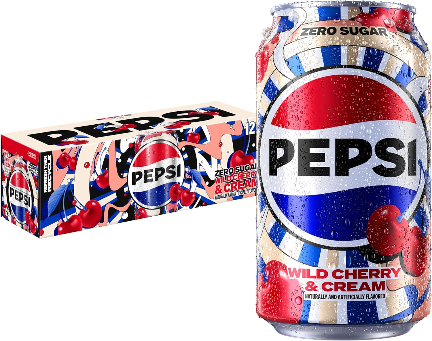 Pepsi Zero Sugar Cola Soda Pop, Wild Cherry & Cream, 12 fl oz Cans (12 Pack), Zero Calories, Zero Sugar