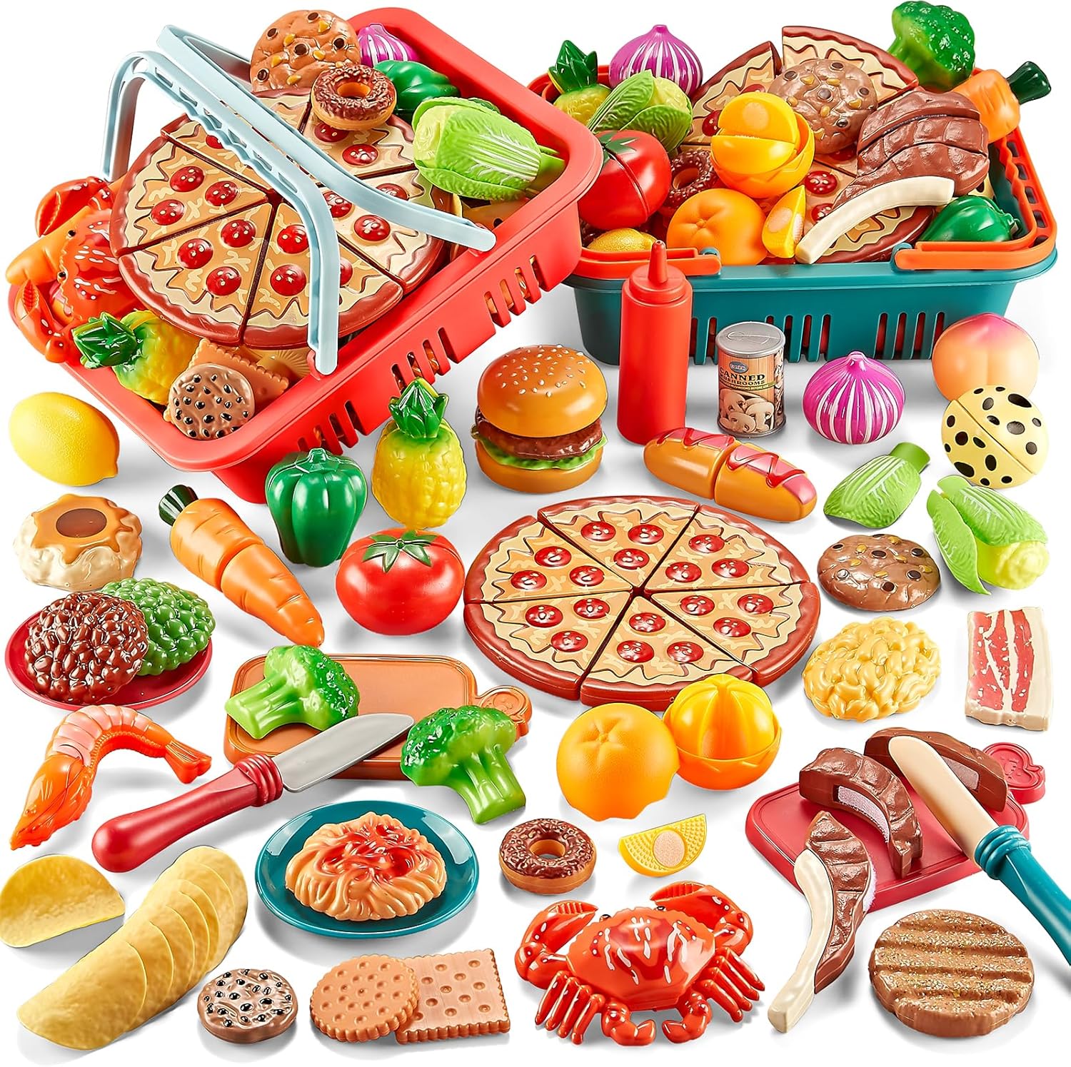 Play Food Sets for Kids Kitchen-80PC Pretend Food with 2 Kids Picnic Basket, Toy Food with Pizza Toy, Plastic Food Cutting Toys, Play Kitchen Accessories - Fake Food, Boys Girls Gifts