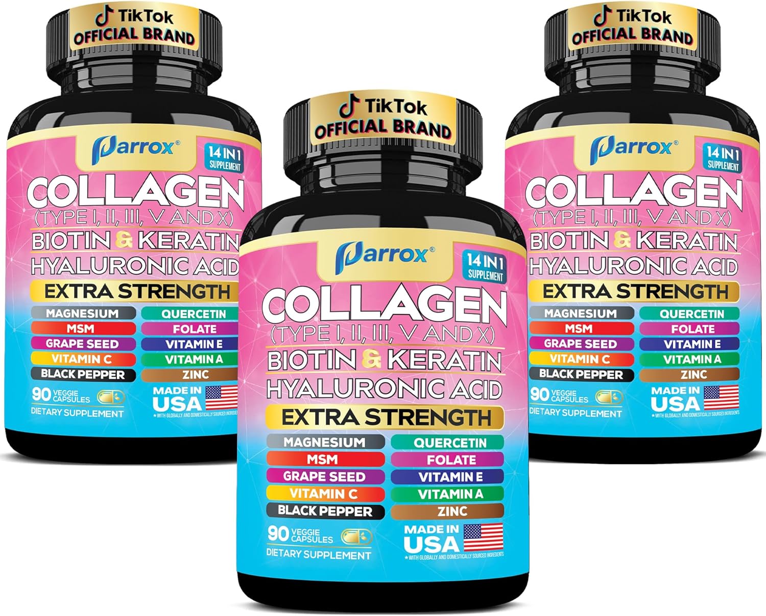 Collagen Peptides Types I, II, III, V & X, MCG Biotin, Keratin, Hyaluronic Acid, MSM, Zinc, Grape Seed Extract, Quercetin, Vitamin A, C & E, Folate, Black Pepper, Magnesium, Folic Acid (3 Pack)