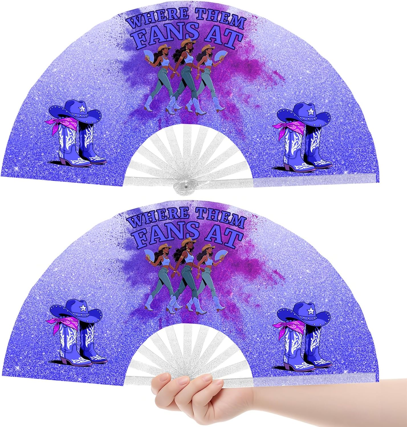 2Pack Where Them Fans at Clack Fan, Boots on the Ground Hand Fan, Fans for Line Dancing, Western Large Festival Folding Fans, 26in (Blue)