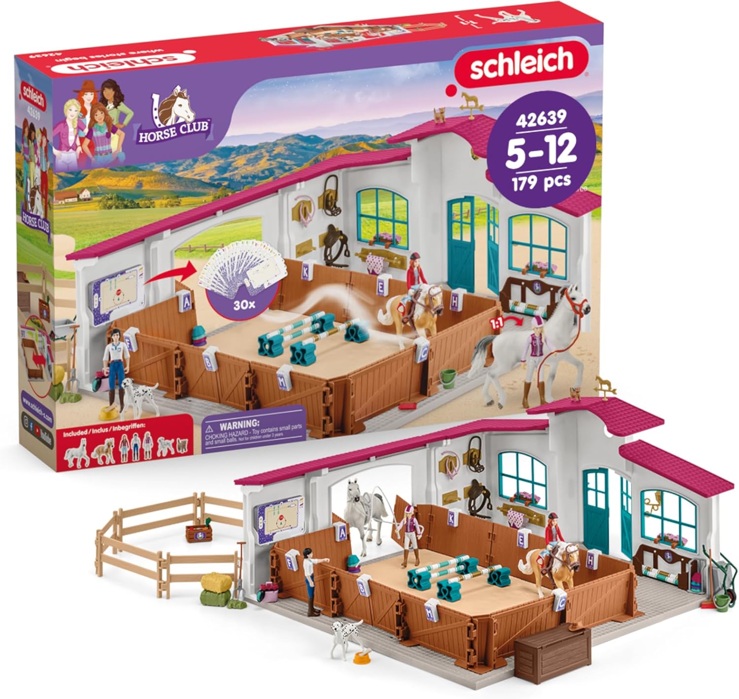 Schleich Horse Club - 179PC Peppertree Riding Arena Horse Playset with Real Dressage Cards - With Stable Set, 2 Horses, 3 Rider Figurines, Cards and Accessories - Toys for Girls & Boys Ages 5+ | 42639
