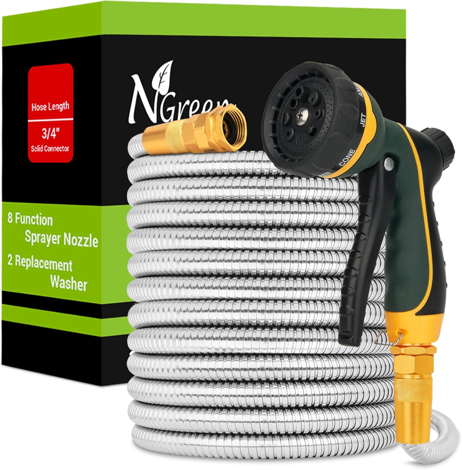 NGreen Stainless Steel Garden Hose - Flexible Metal Water Hose with Nozzle, Puncture, Rust Proof and Corrosion Resistant, Never Kink and High Pressure, Collapsible and Easy to Store (25FT)