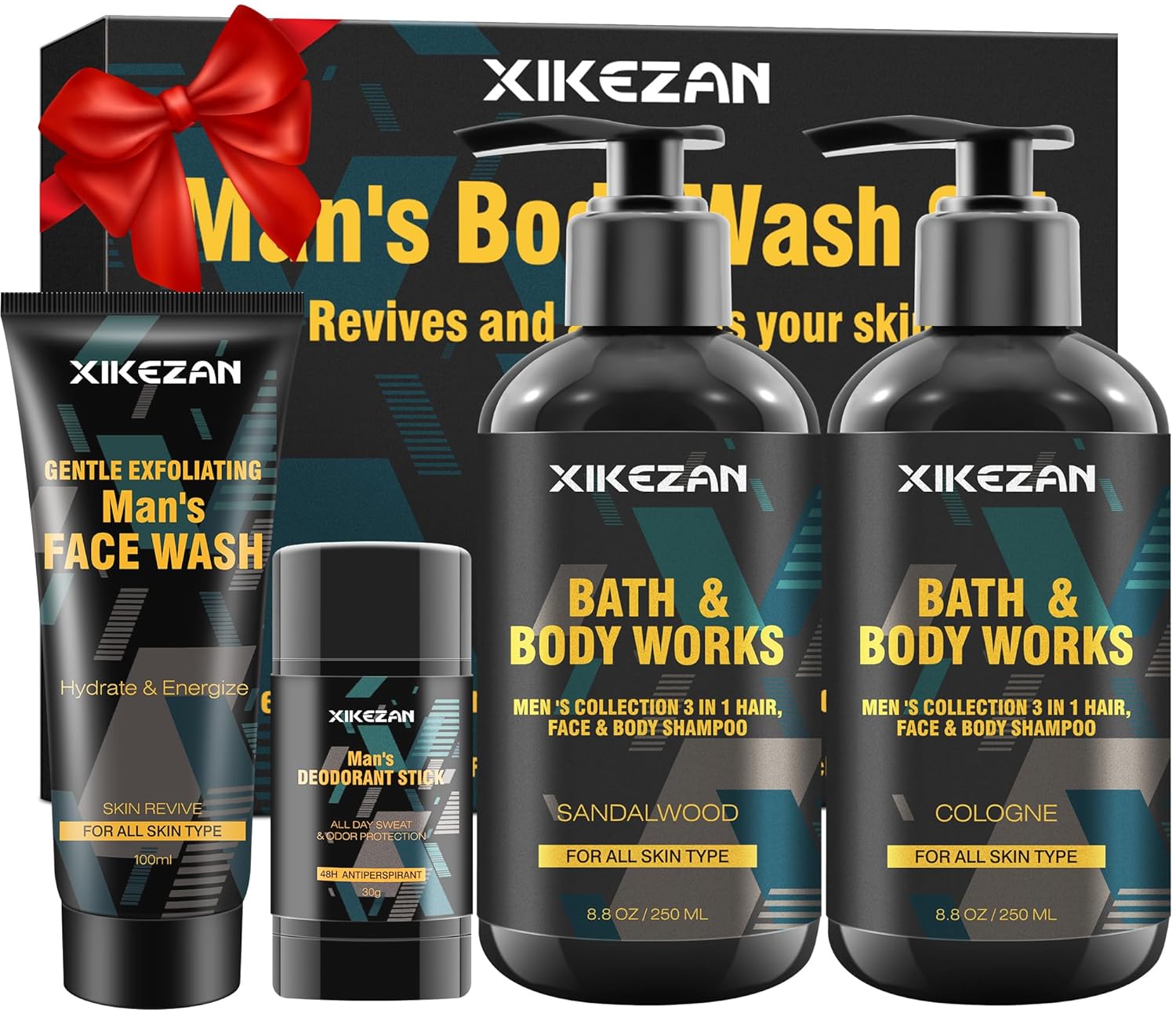 Gifts for Men,Mens Body Wash Gift Set Cleansing & Hydrating Skin w/Face Wash,Deodorant,Sandalwood & Cologne 3 in 1 Hair,Face & Body Wash,Mens Stocking Stuffers Christmas Gifts for Men Him Dad Husband