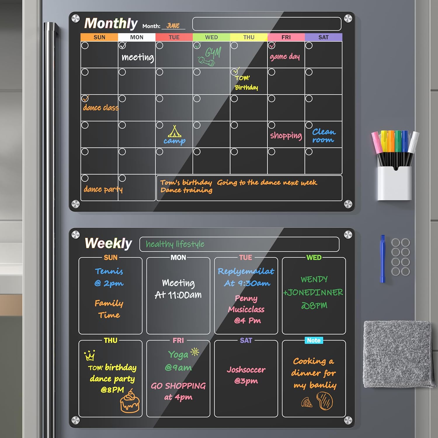 Acrylic Magnetic Dry Erase Board for Fridge, 2-Pack Monthly & Weekly Calendar Planner Note Blackboard Set for Refrigerator/Wall/Glass/Kitchen, 7 Colors Markers (16"x12")