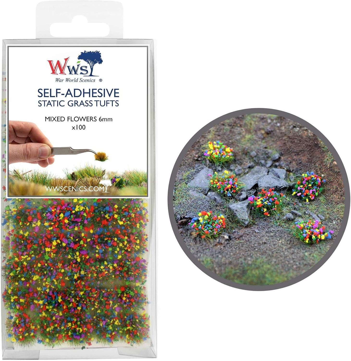War World Scenics Self Adhesive Static Grass Tufts x 100 – Mixed Flowers, 6mm – Model Railway Wargame Scenery Railroad Modelling Diorama Miniature Hobby Tabletop