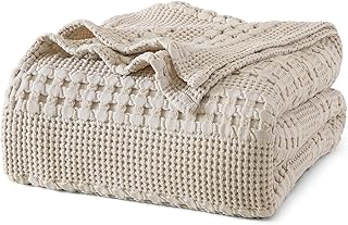 PHF 100% Cotton Waffle Weave Blanket Queen Size for Bed, Lightweight Washed Cotton Blanket - 90"x90" Aesthetic Soft Woven and Breathable Blanket for Sofa Home Decor - Oatmeal