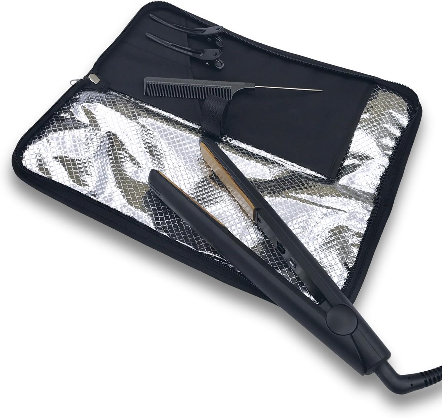 Hair Straightener Mat & Pouch by j&m - Heat Resistant - Fits ghd, BaByliss & Larger Flat Irons - Zip-Up All-in-One Compact Travel Case