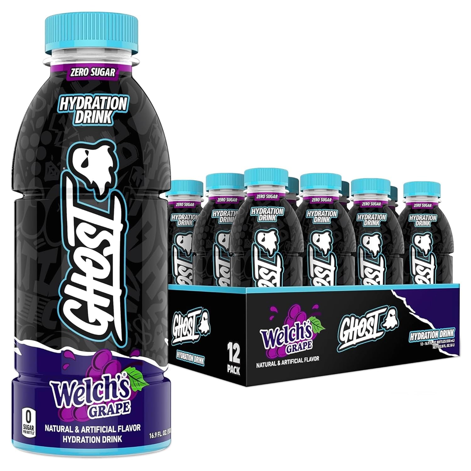 GHOST Hydration Drink, Welch’s Grape - RTD Sports Drink with Electrolytes, Natural Vitamins & Minerals - All Day Lifestyle Hydration Beverage - Zero Caffeine & Zero Sugars - 16.9 Fl Oz, 12 Pack