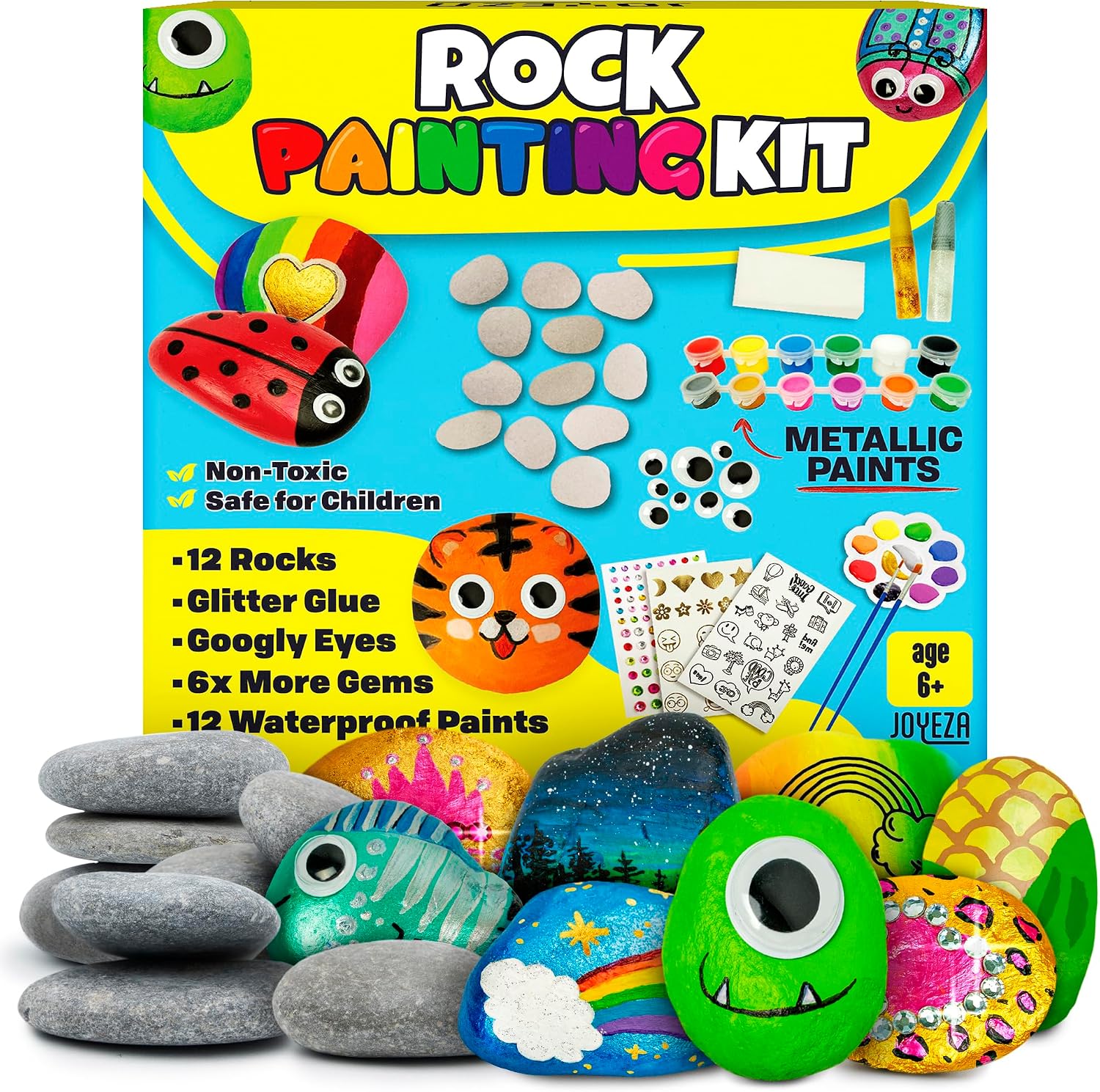 JOYEZA Rock Painting Kit Deluxe, Arts and Crafts for Girls Boys Age 6+, 12 Rocks Tween Gift Art Set, Waterproof Paints, Craft Kits Art Supplies, Kids Crafts Ages 6-8, Kids Activities 6 7 8 9 10