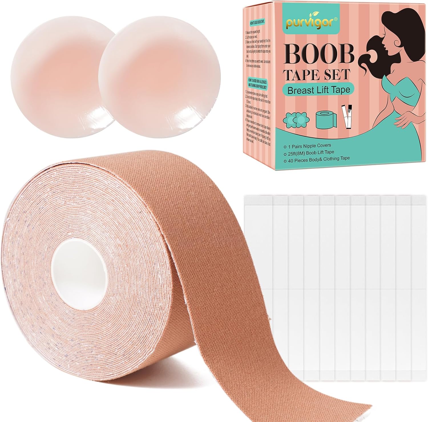 Boob Tape, Breast Lift Tape, 8M Invisible Bob Tape with Reusable Silicone Nipple Covers & Double Sided Body and Clothing Tape, Skin -friendly Waterproof Sweatproof, for Women Beige