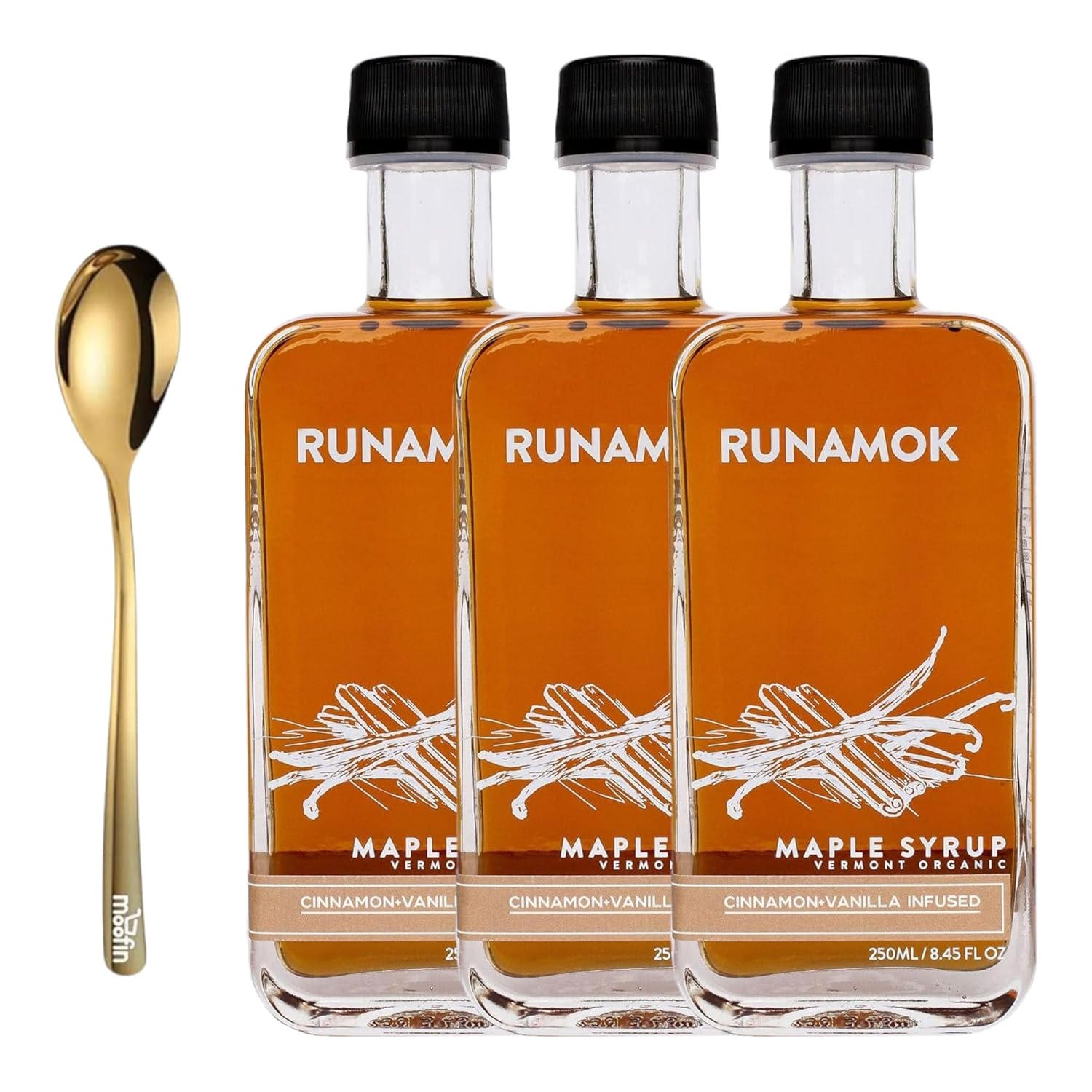 Runamok Maple Syrup Maple Syrup 8.45 fl oz – Real Vermont Maple Syrup in Cinnamon-Vanilla Infused Flavor, with Moofin Golden SS Spoon, Gluten-Free, Natural Sweetener for Breakfast, Organic Maple Syru