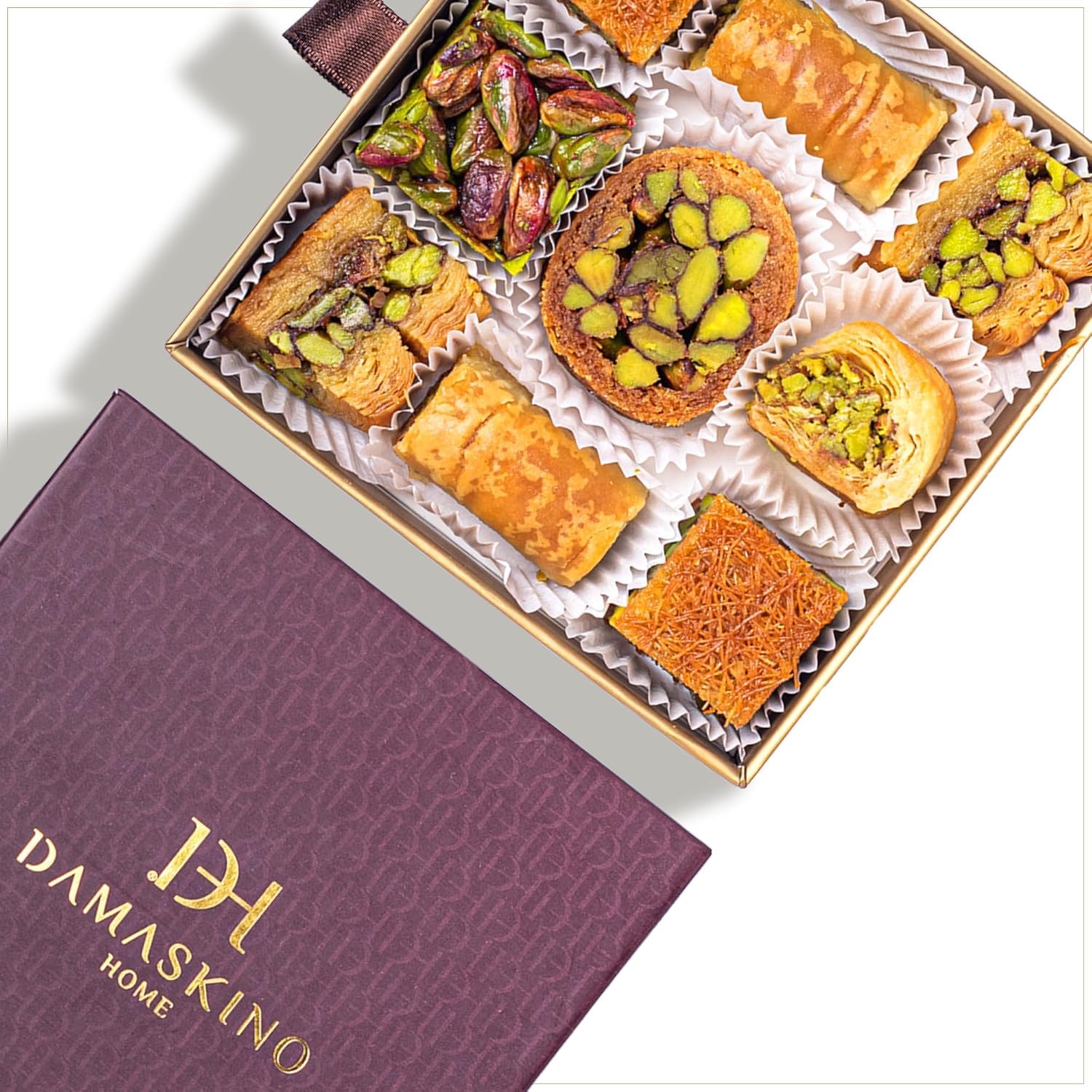 Damaskino Home Assorted Baklava & Kunefe Gift Box 4.5oz - 9 Pieces of Turkish Baklava Pistachio & Kunefe Pastries – Authentic Middle Eastern Sweets with Phyllo Dough & Katafi Shredded Pastry