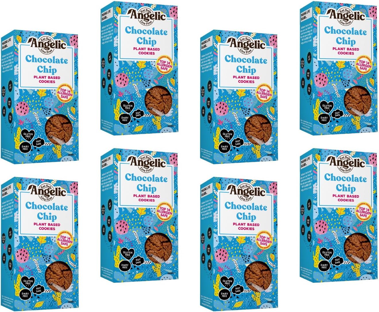 Angelic Free From 8 Pack Chocolate Chip Vegan & Gluten Free Cookies. Dairy, Nuts, Soya, Egg, Peanut & Wheat Free. Allergy Safe Tea Biscuit. Multipack Biscuits Free From Top 14 Allergens. (8 x 125g)