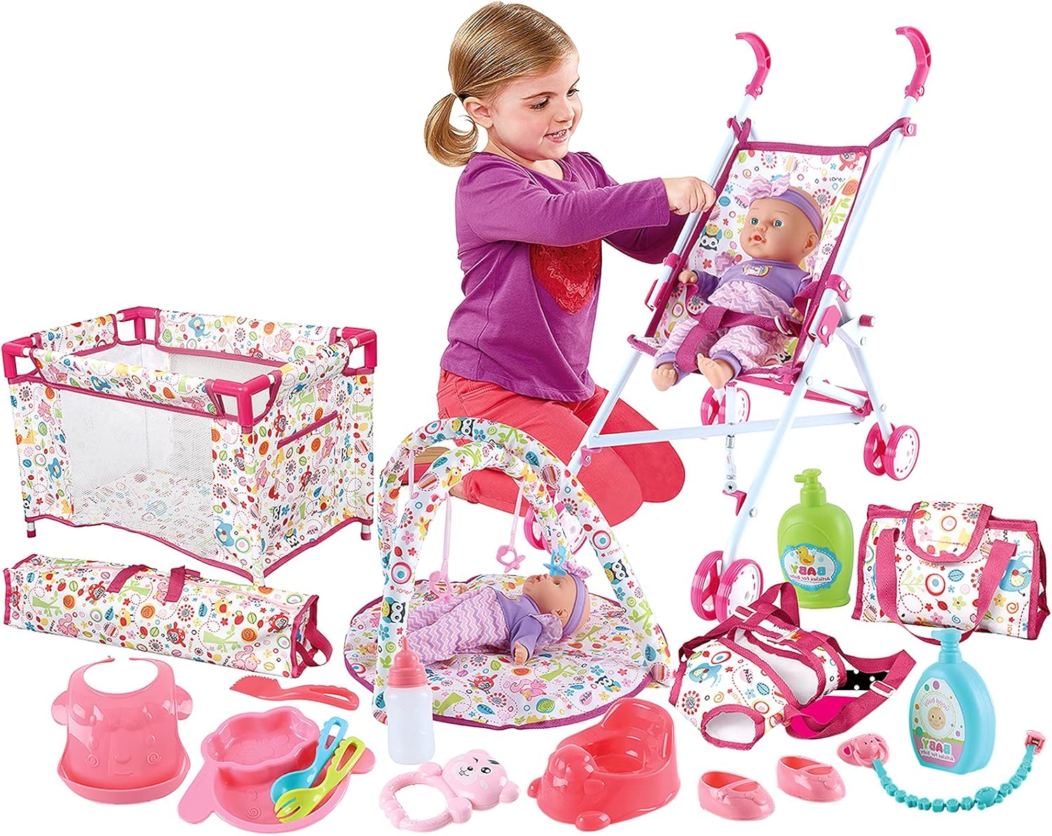 deAO Kids Baby Doll Stroller Nursery Role Play Set with a Variety of Feeding Toy and Play Mat Travel Cot Baby Carrier Stroller and Travel Bag
