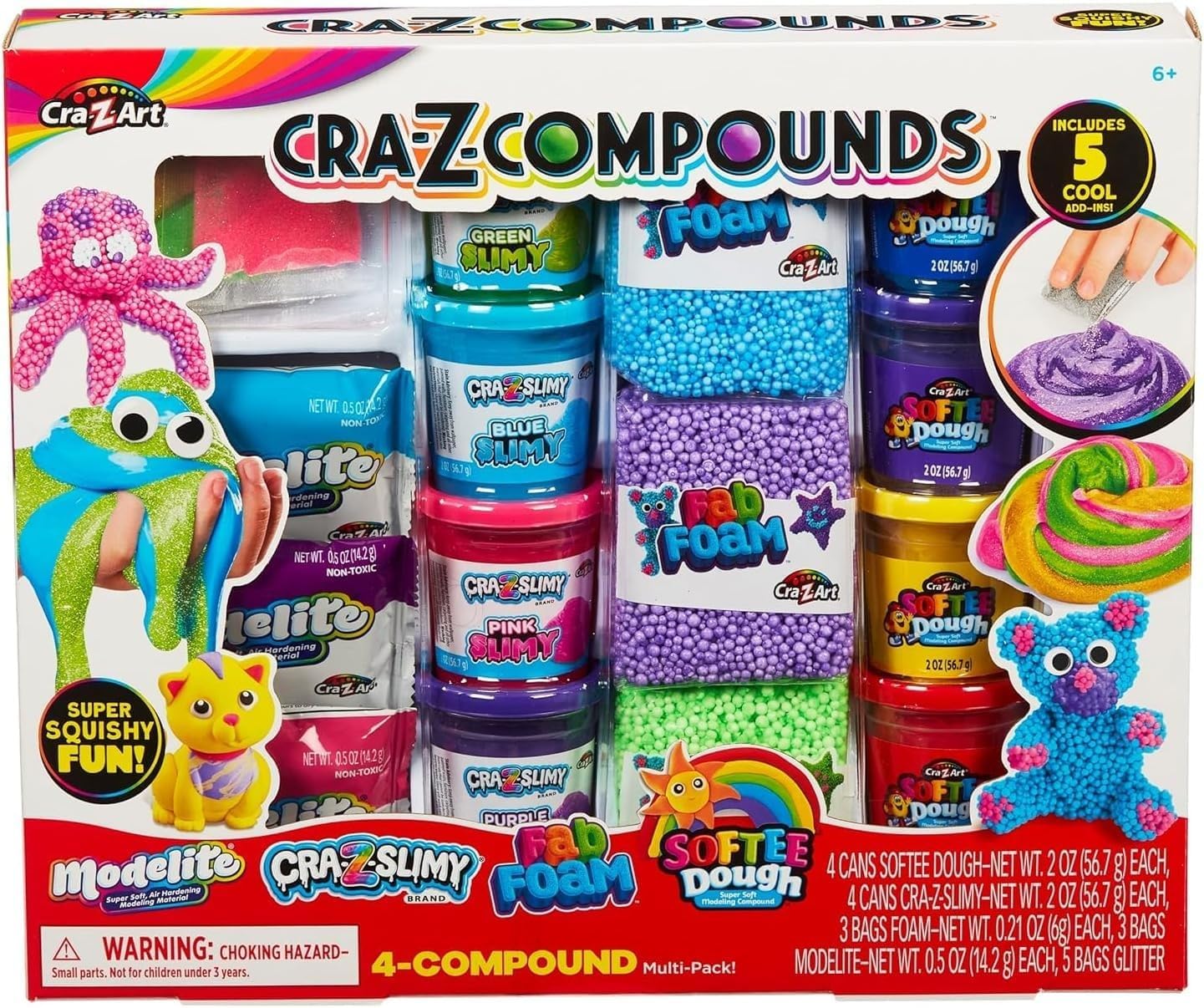 Cra-Z-Slimy Slime Compound Set Toy, 4 compound pack includes multiple unique compounds. 4 cans of Softee Dough, 4 cans of Cra Z Slimy, 3 bags of Fab Foam, 3 bags of Modelite and 5 bags of glitter