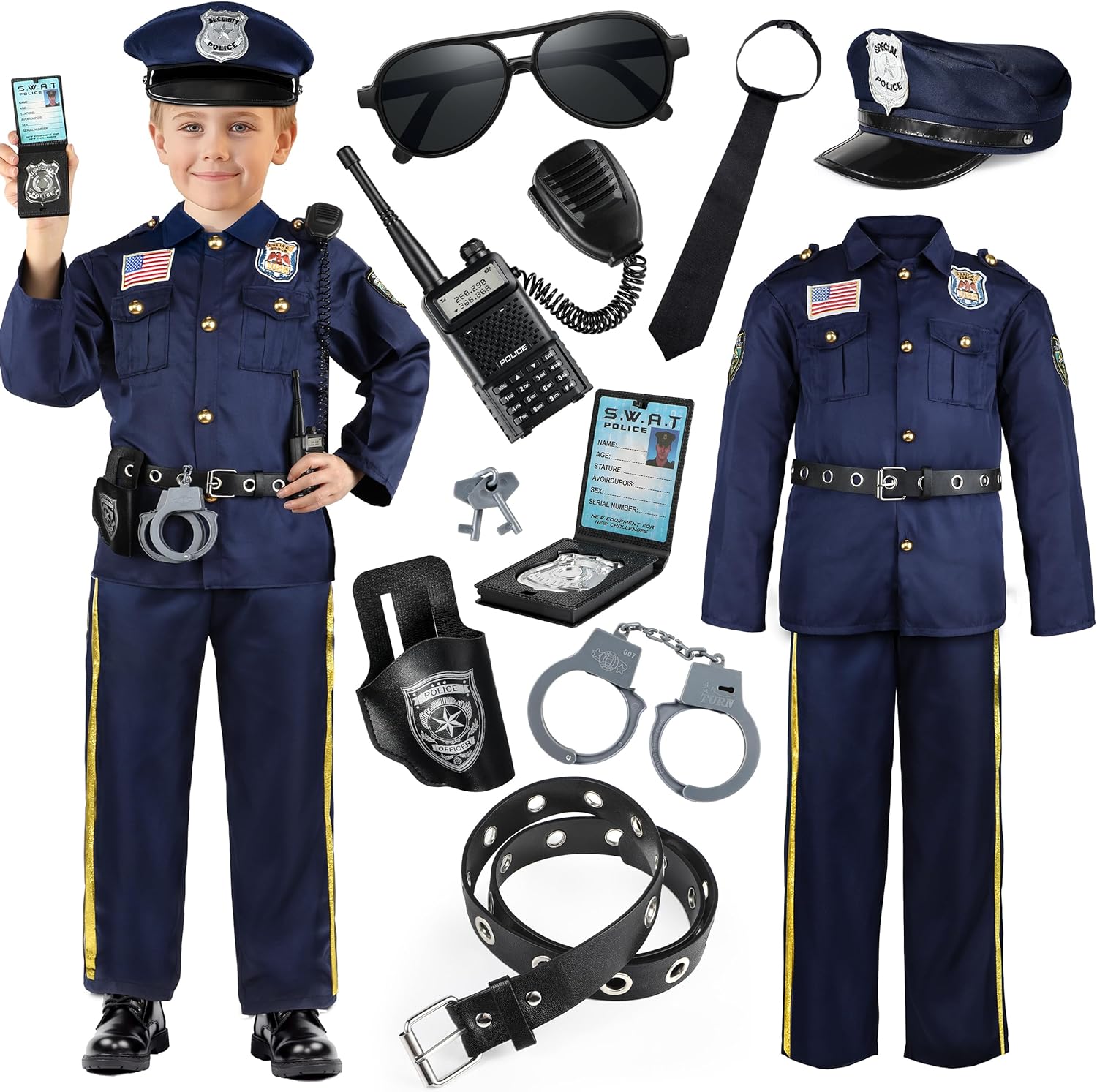 Joycover Police Officer Costume for Kids, Cop Costume Outfit Set with Toy Accessories, Halloween Costumes for Boys