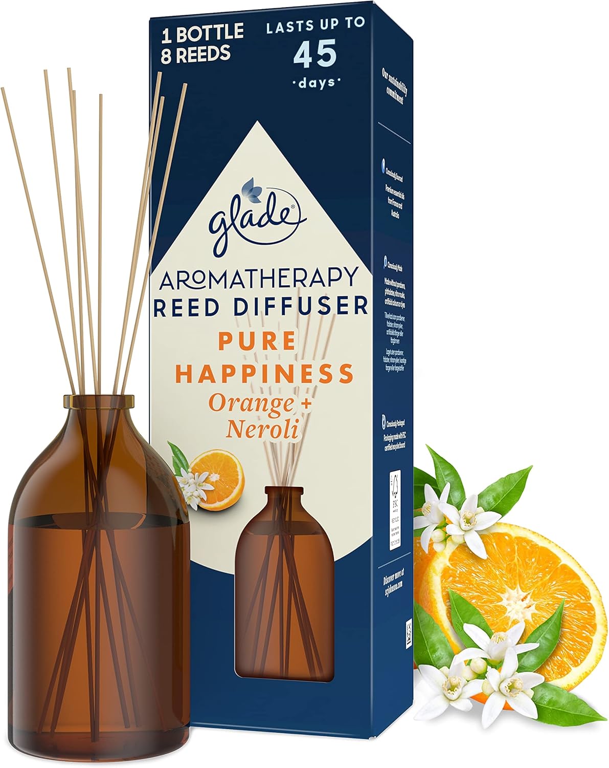 Glade Aromatherapy Reed Diffuser, Home Decor Essential Oils Diffuser Uplifting Fragrance, Pure Happiness with Brazilian Orange & North African Neroli Blossom, 80 ml