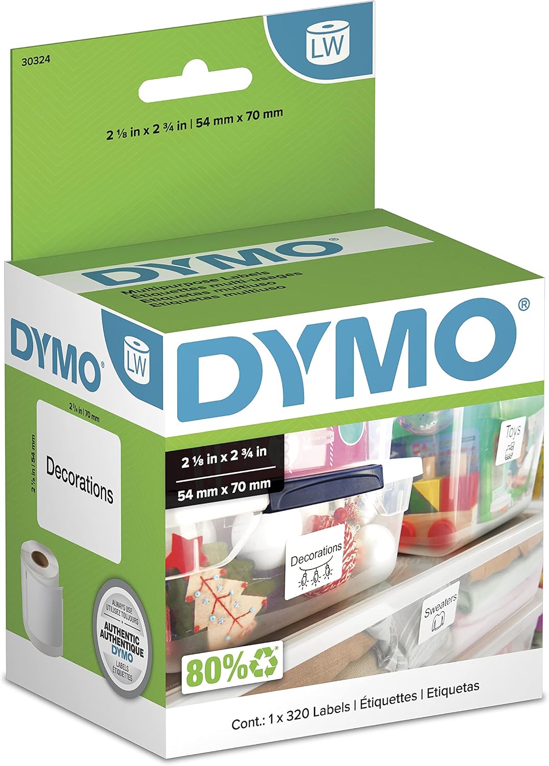 DYMO Authentic LW Large Multi-Purpose Labels, DYMO Labels for LabelWriter Label Printers, 2-1/8" x 2-3/4", 1 Roll of 320