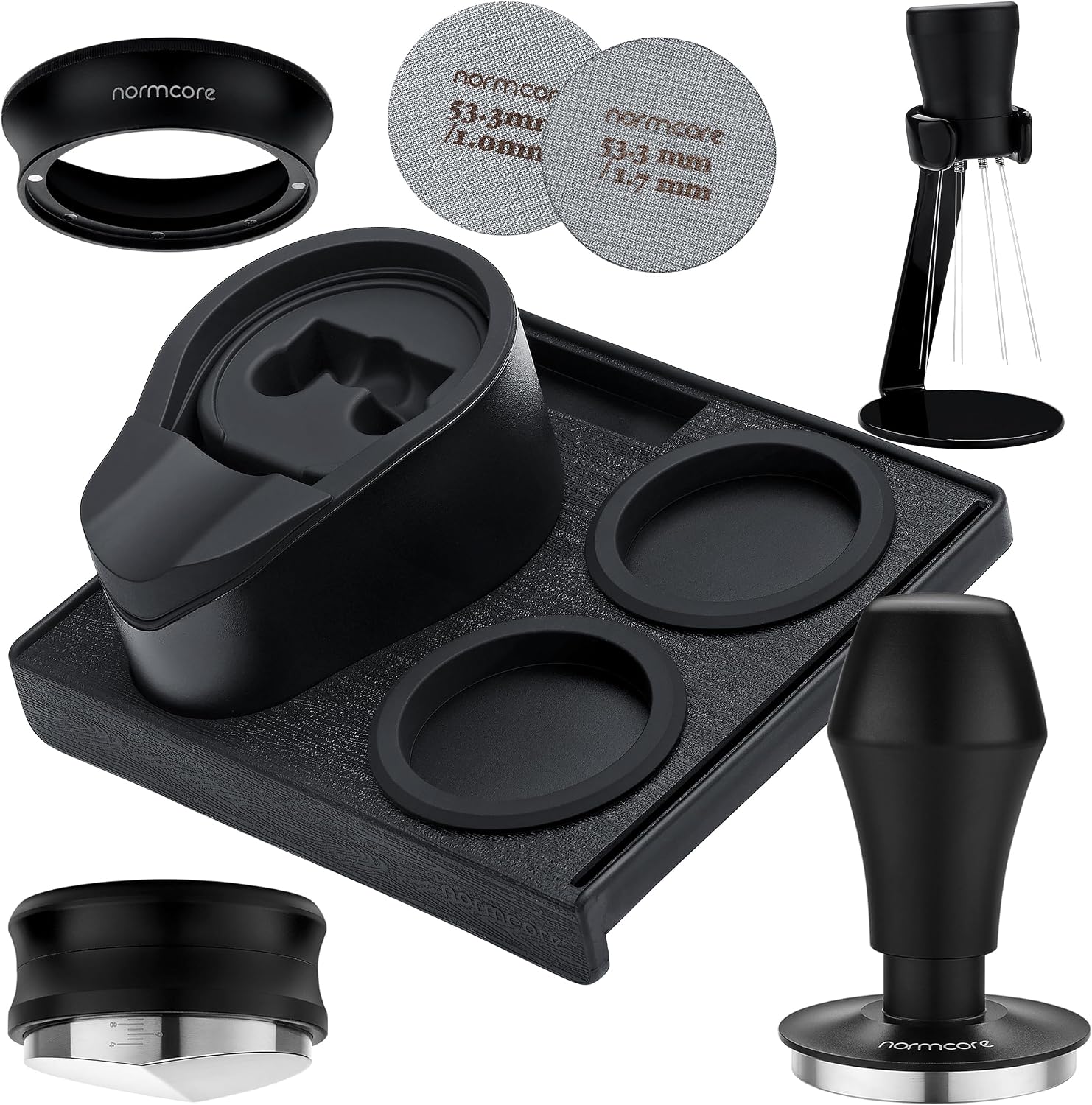 Normcore 53.3mm 7-in-1 Compact Barista Kit: Coffee Tamper, Distributor Tool, WDT with Stand, Dosing funnel, Puck Screen, Tamping Mat, Portafilter Stand, Barista Essentials Kit for Breville Sage 54mm