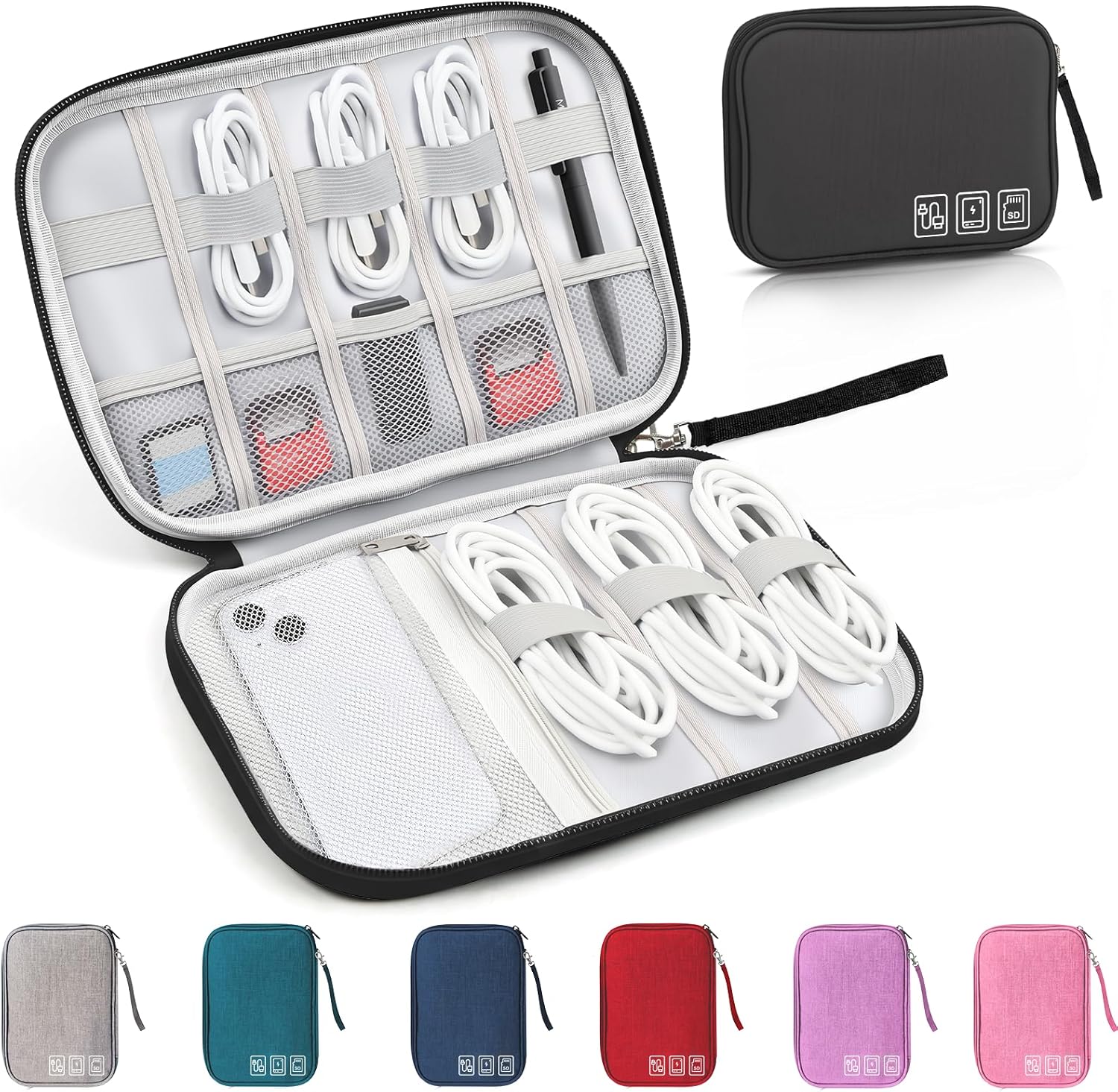 Travel Cable Organizer Bag, Electronics Organizer Travel Case with Double Layers for Cords, Chargers, Phone, Earphones, USBs, SD Cards - Travel Essentials Portable Waterproof Tech Pouch