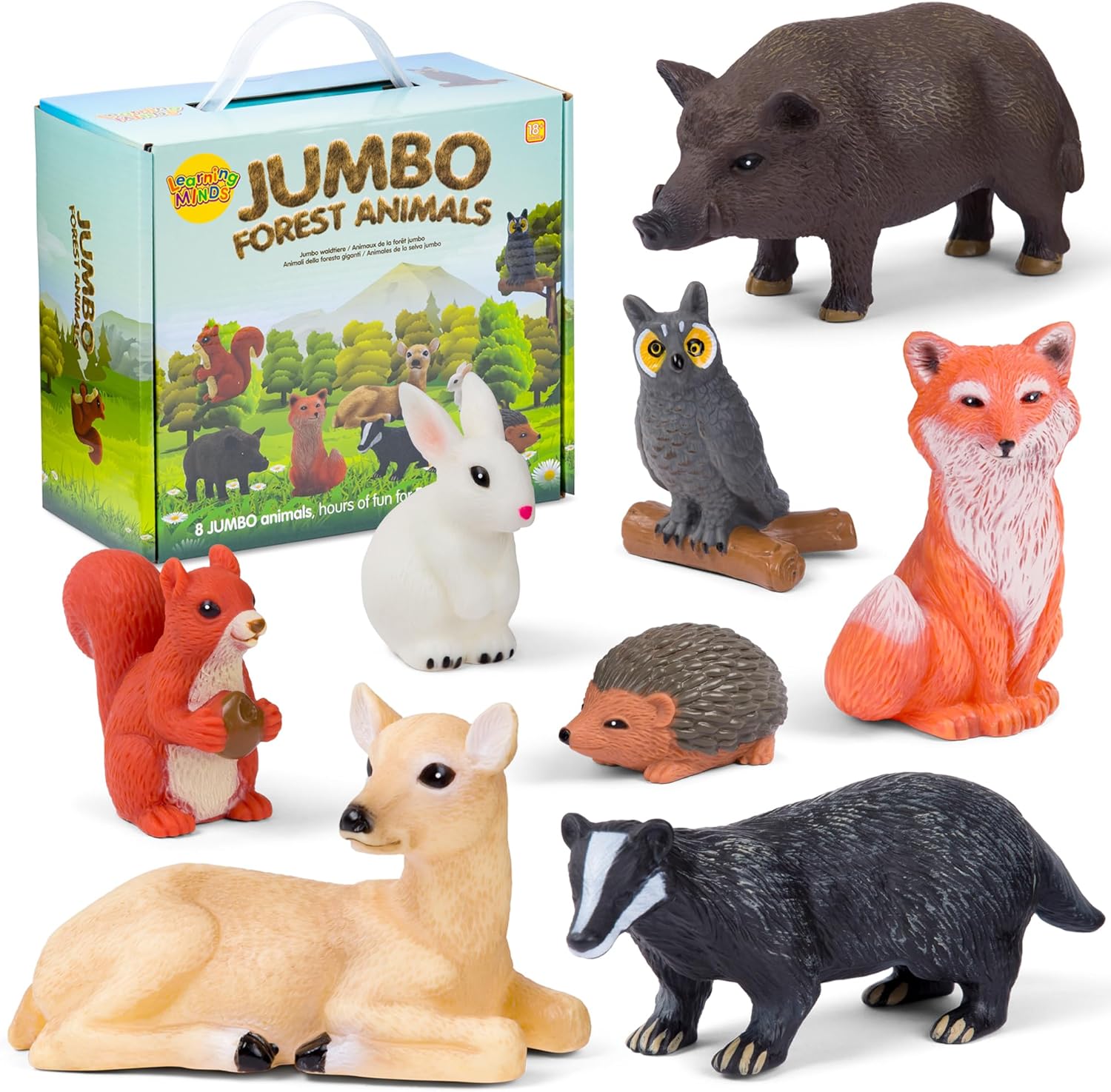 Learning Minds Set of 8 Jumbo Forest Animal Figures - Woodland Animals For 1,2,3 Year Olds - Toy Animals For Kids Age 18 Months Plus - Toys For 1 Year Old Boys