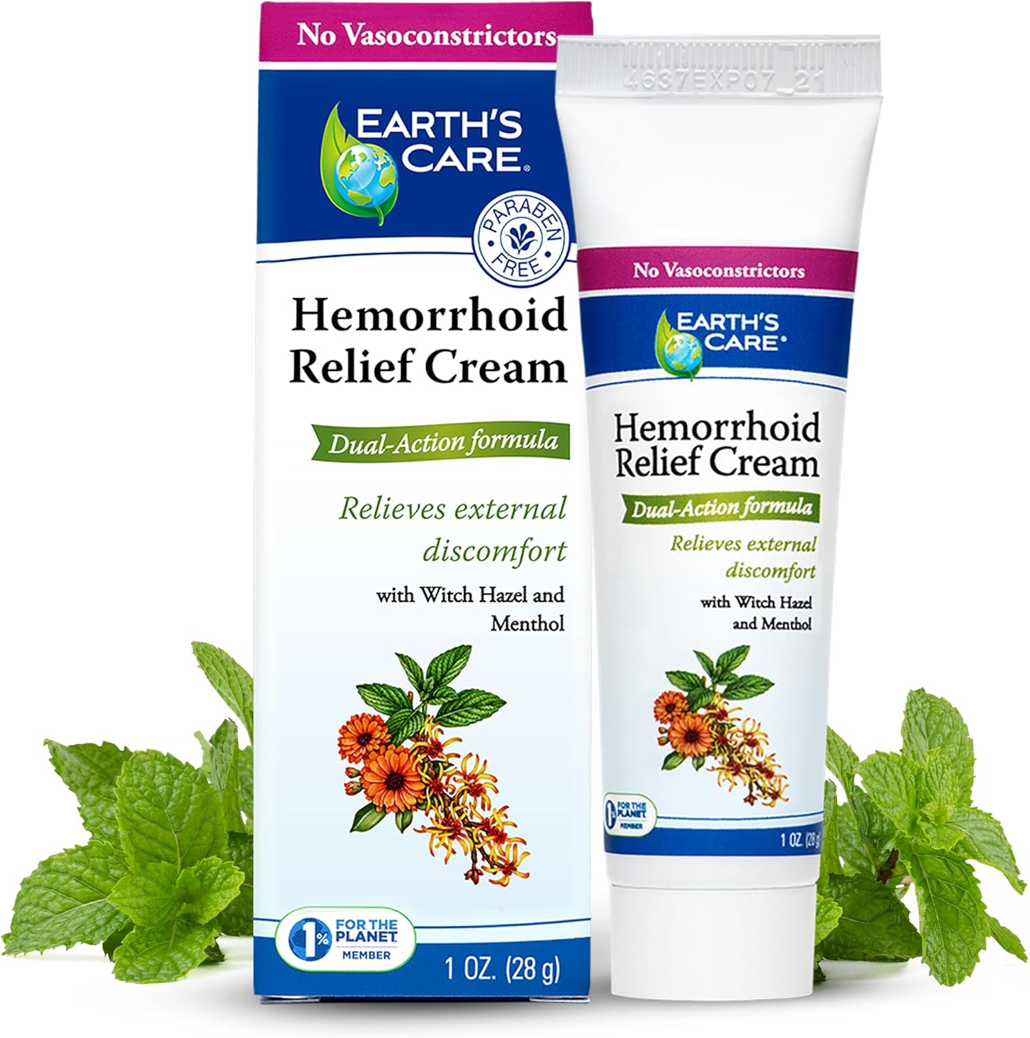 Earth's Care Hemorrhoid Cream - Hemorrhoid Treatment Cream with Natural Ingredients Witch Hazel and Menthol - Dual Action Formula - 1 OZ. (28 g)