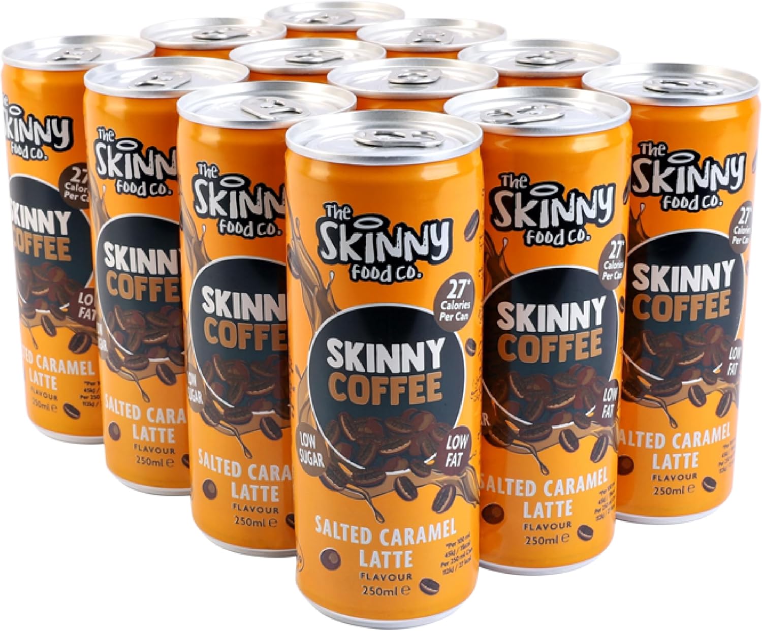 Skinny Food Co Skinny Coffee Salted Caramel Latte - 12 x 250ml Cans - Low Sugar, Low Fat - 26 Calories per Can, Ready-to-Drink - Great for a Healthy Energy Boost