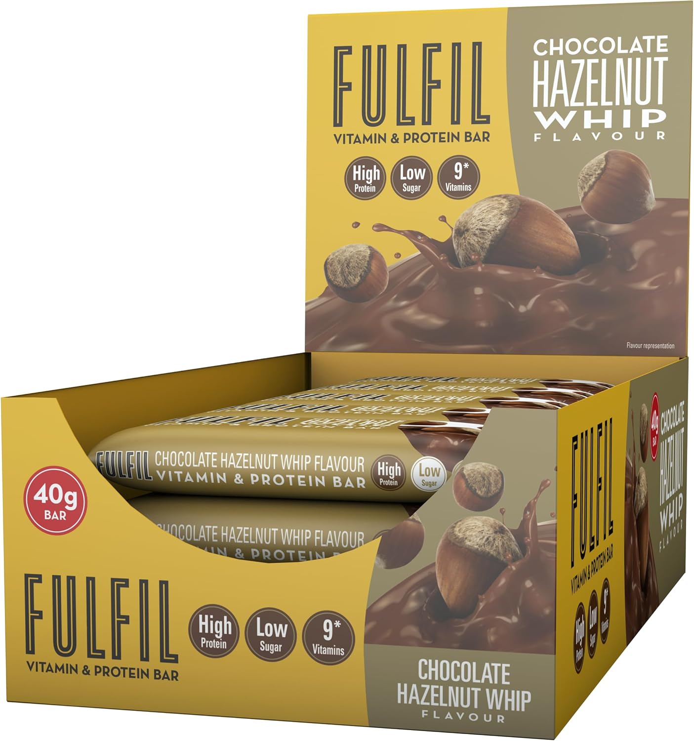 Fulfil Vitamin and Protein Bars (15 x 40g Bars) — Chocolate Hazelnut Whip Flavour — 14g High Protein, 9 Vitamins, Low Sugar