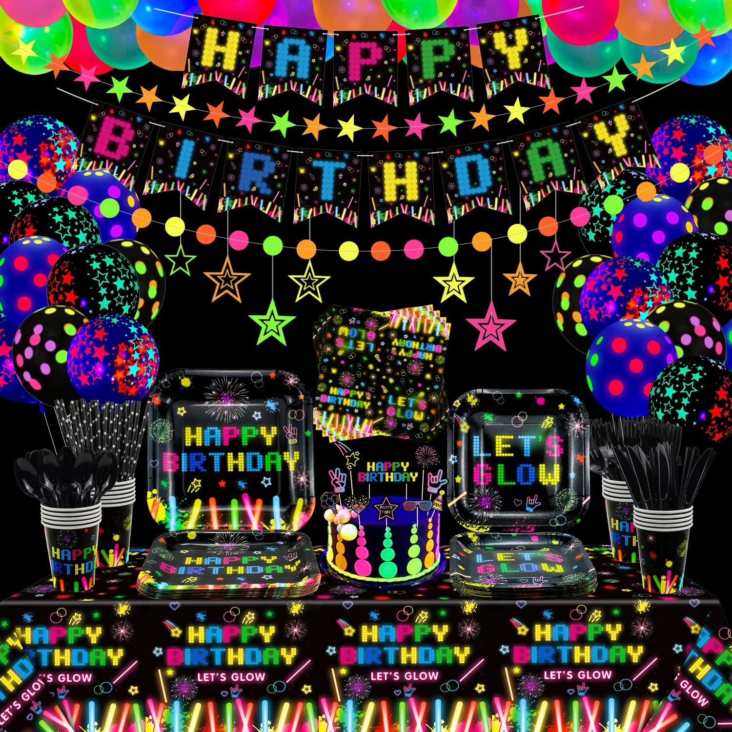 241 PCS Glow Neon Party Supplies Neon Glow Tableware Set Neon Balloon Glow in The Dark Birthday Banner Hanging Star Cake Toppers for Blacklight Party Decoration Serves 20 (Glow Set A)
