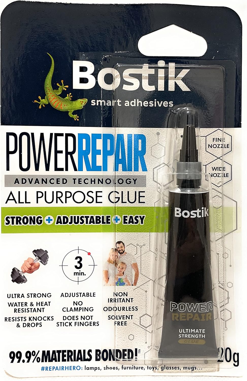 Bostik Power Repair All Purpose Glue | Ultra Strong, Water & Heat Resistant, Adjustable, No-Clamp Formula | Non-Irritant & Solvent-Free Adhesive for DIY, Home Repairs, Crafts – 20g