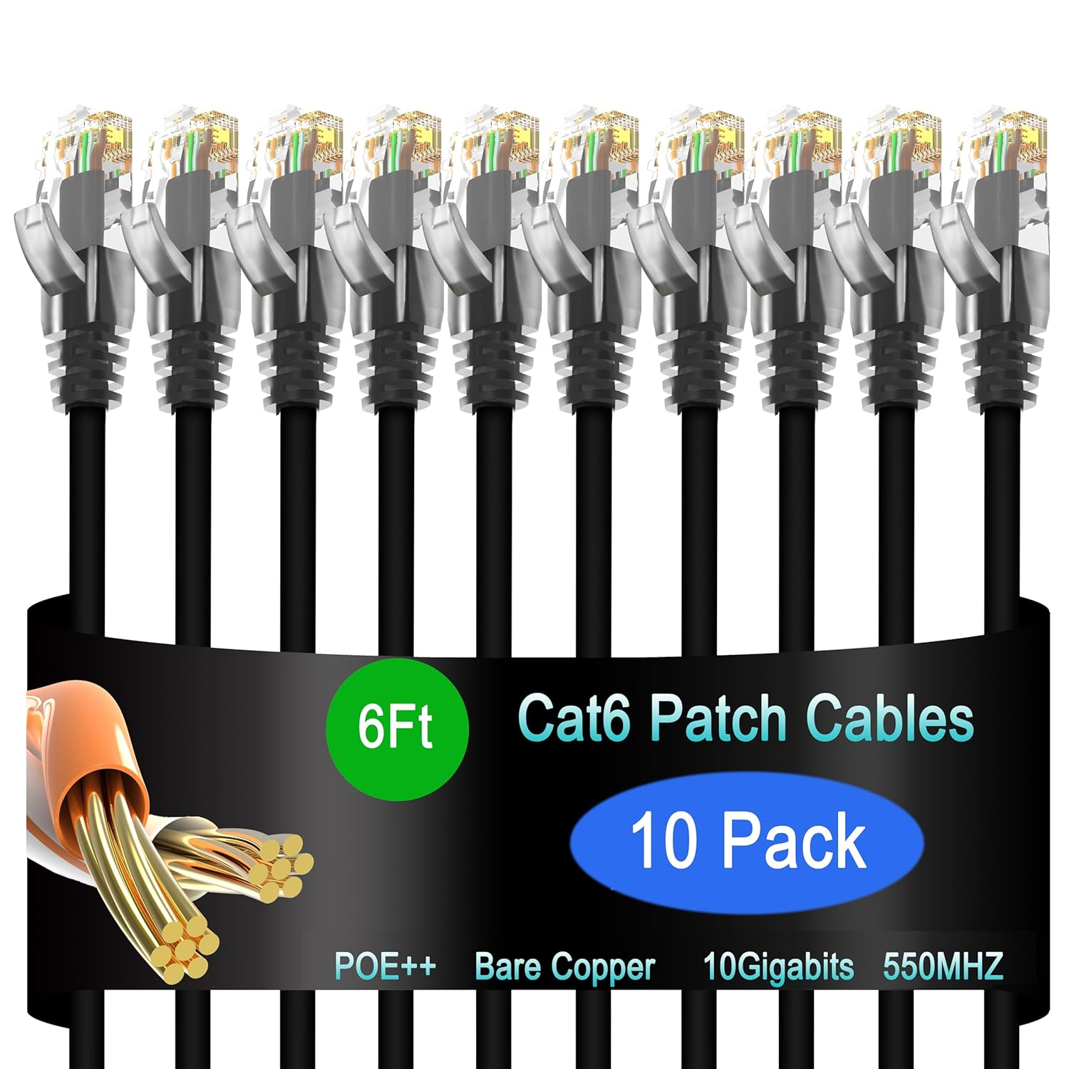 Cat6 Ethernet Patch Cable 6 ft (10 Pack), Cat6 Patch Cable for Data Centers, Cat 6 Cable 10G, Network Patch Cables for Home and Enterprise Network -Black