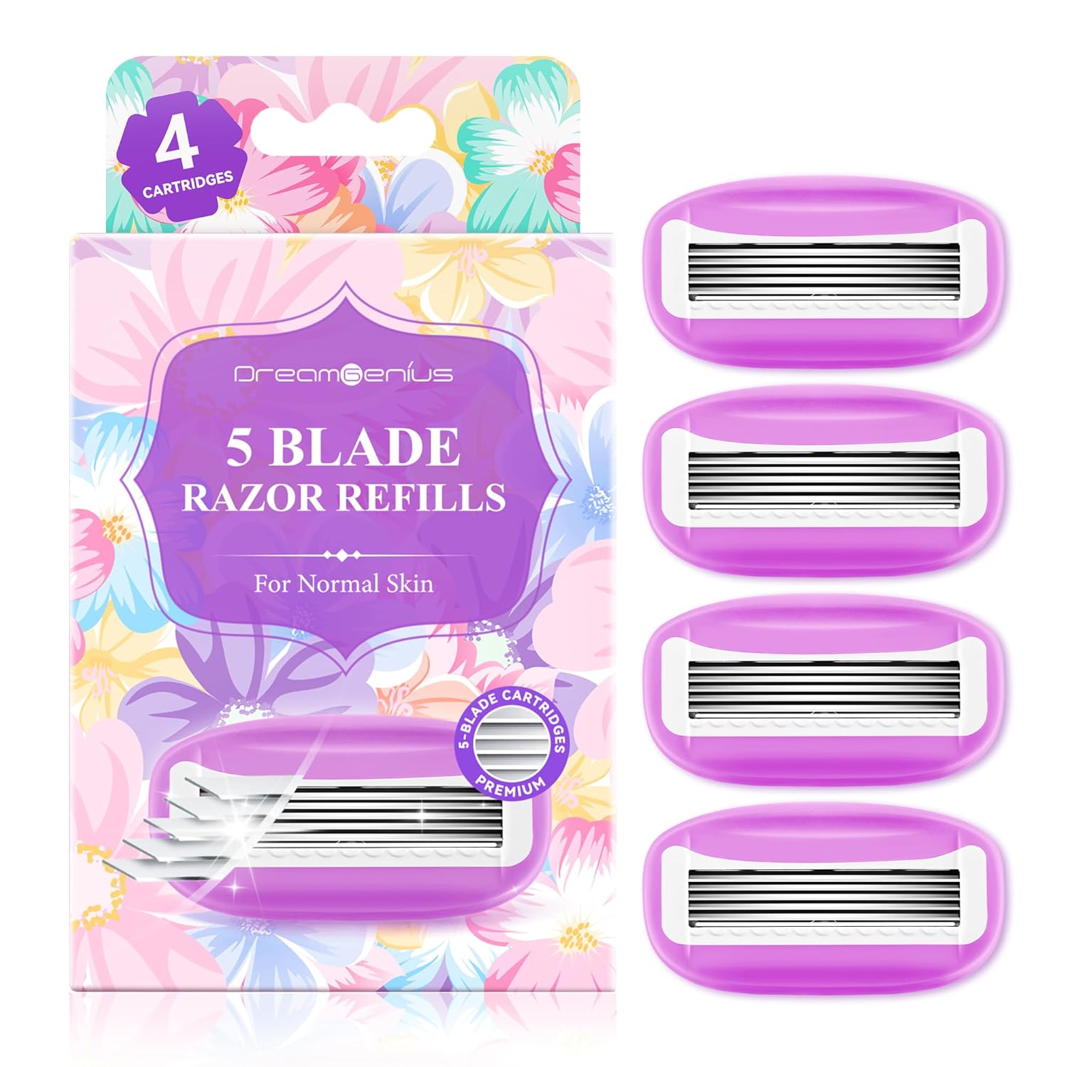Travel Razors Blades for Women Include 4 Cartridges, Extra Smooth 5 Blades Travel-Friendly Razor Refills for Comfort Shaving, Purple