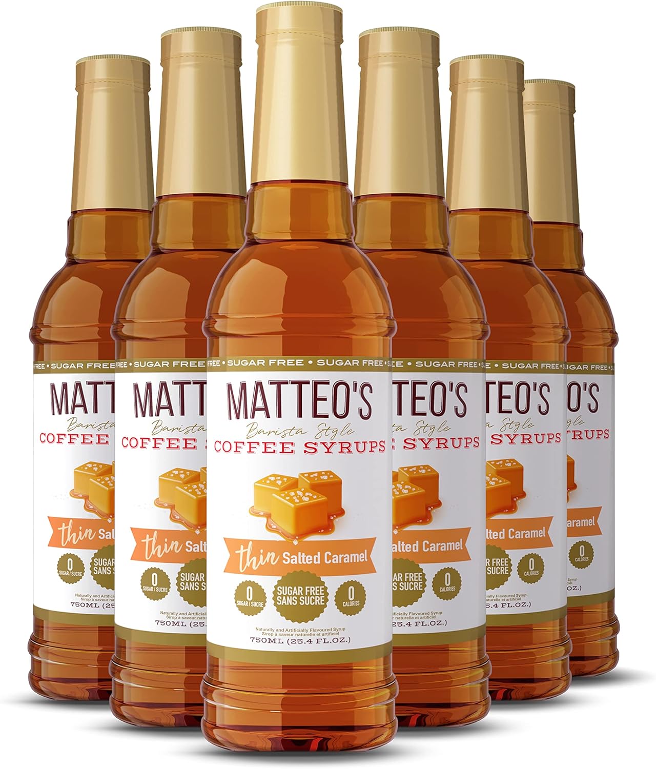 Matteo's Sugar Free Coffee Flavoring Syrup, Salted Caramel, Delicious Coffee Syrup, 0 Calorie, 0 Sugar Coffee Syrups, Keto Friendly, 25.4 Oz, 6-Pack