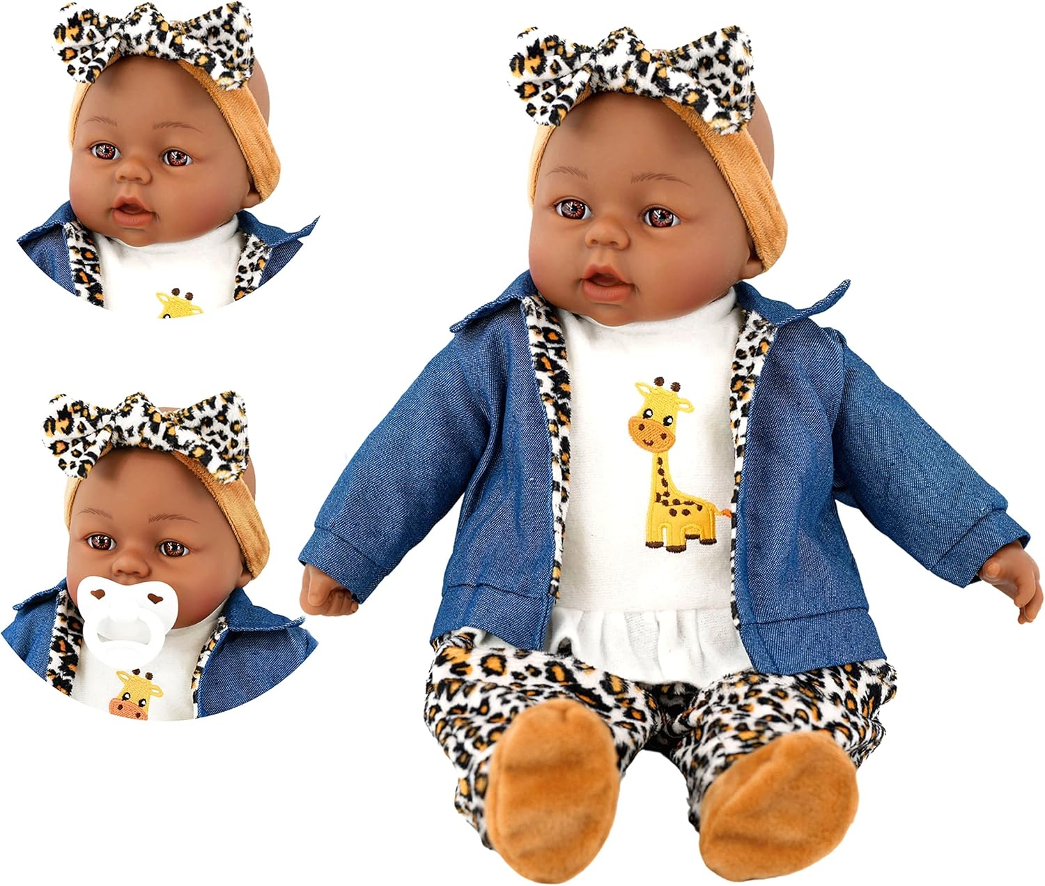 Bibi Doll - 18" Lifelike Large Soft Bodied Black Baby Doll With Dummy & Sounds Girls Boys Toy (Ethnic Girl Doll In Animal Print)