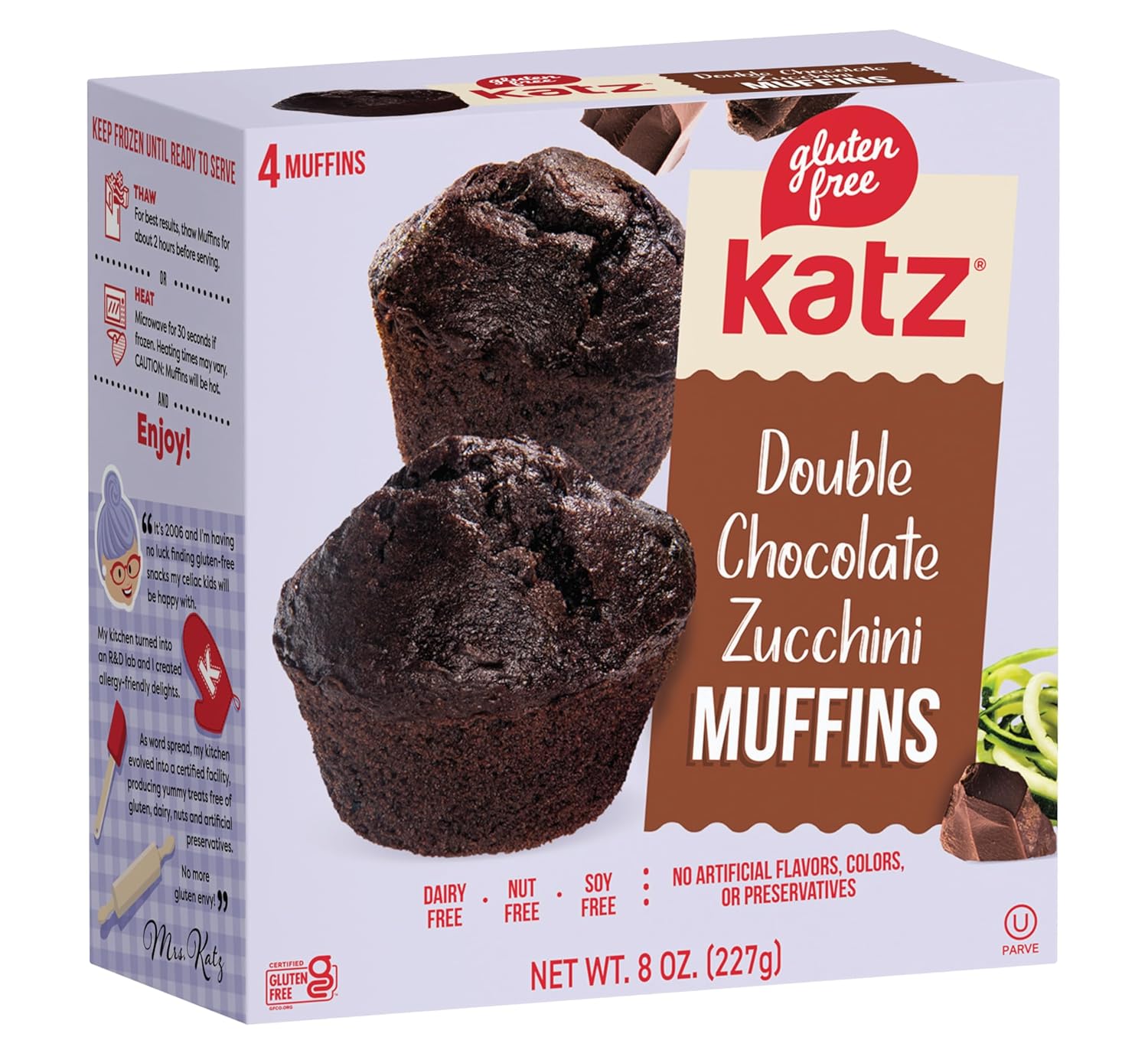 Katz Gluten Free Double Chocolate Zucchini Muffins. A Rich Chocolate Muffin With Melty Chocolate Chip And Fresh Zucchini, Dairy Free, Soy Free, Nut Free. Kosher 8 Oz (1 Pack)